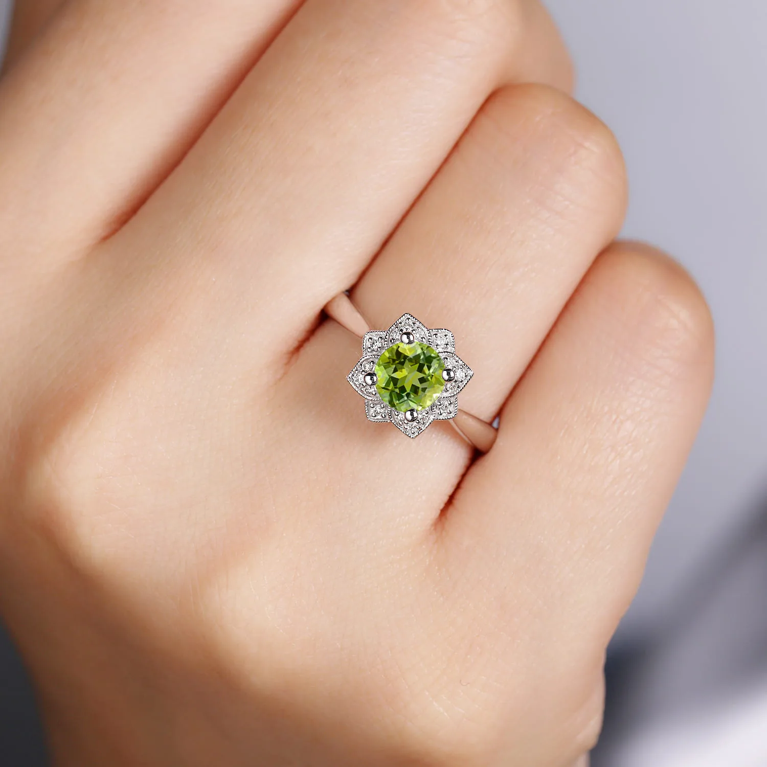 Vintage Inspired Round Peridot and Floral Diamond Halo Promise Ring in 14K White Gold, photograph 5