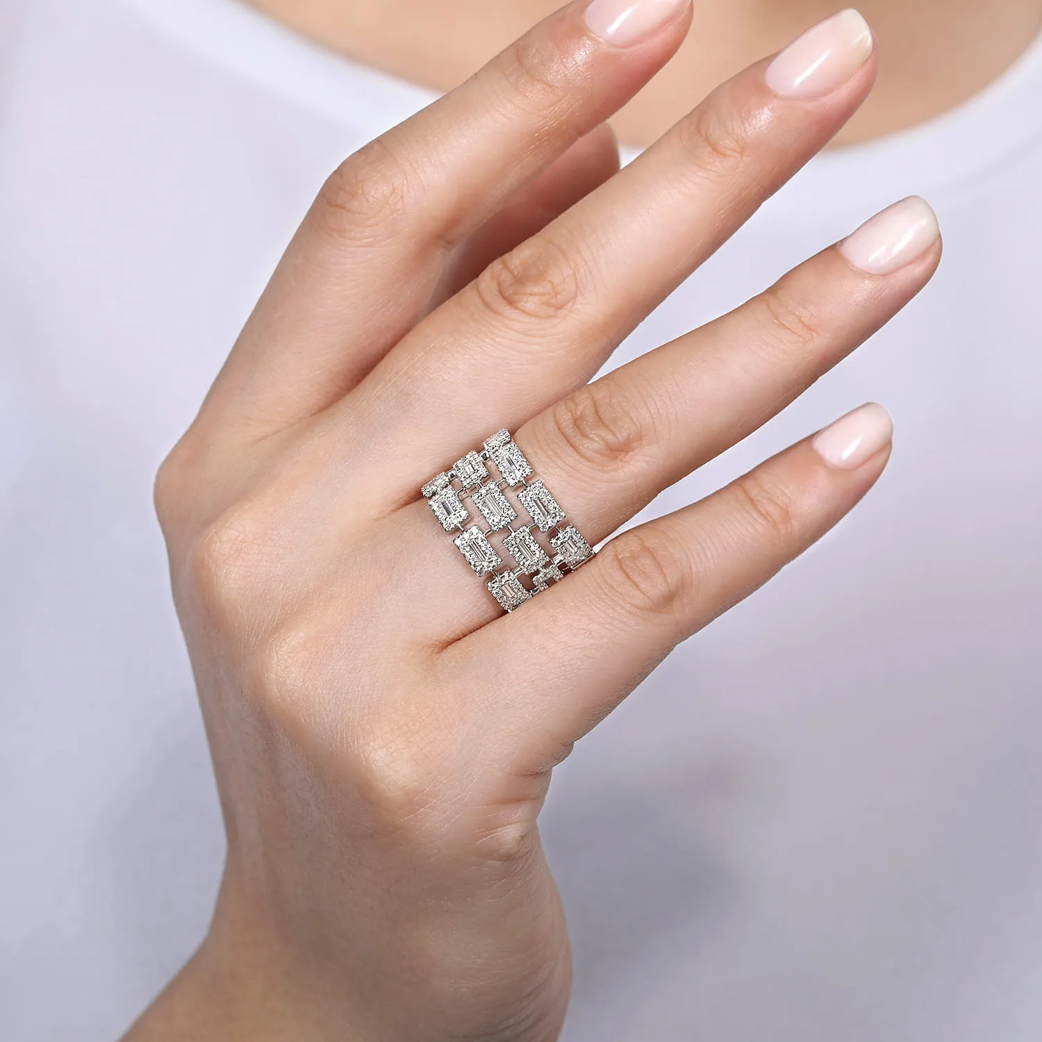 Layered Wide Band Diamond Ring in 14K White Gold, photograph 5