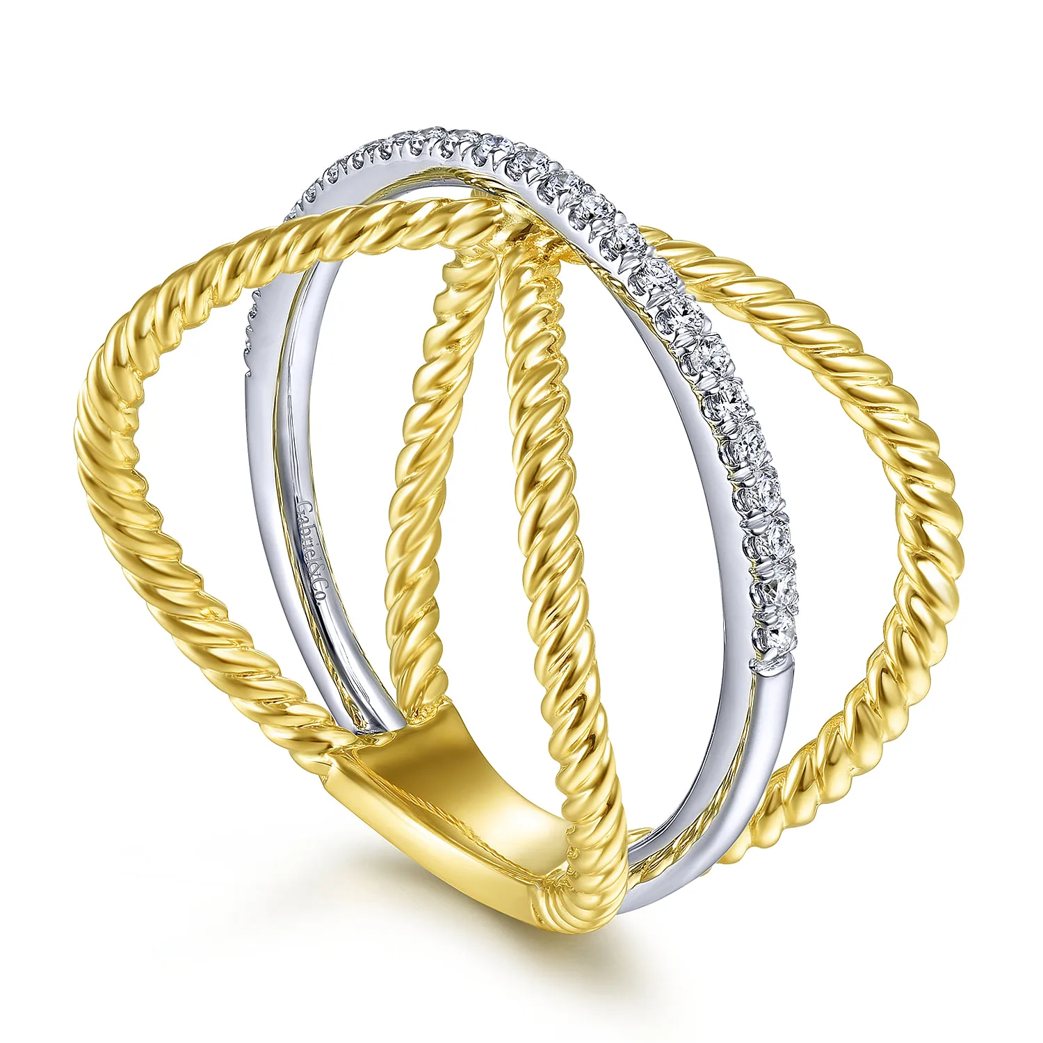 Twisted Criss Cross X Shaped Diamond Ring in 14K White/Yellow Gold, photograph 3