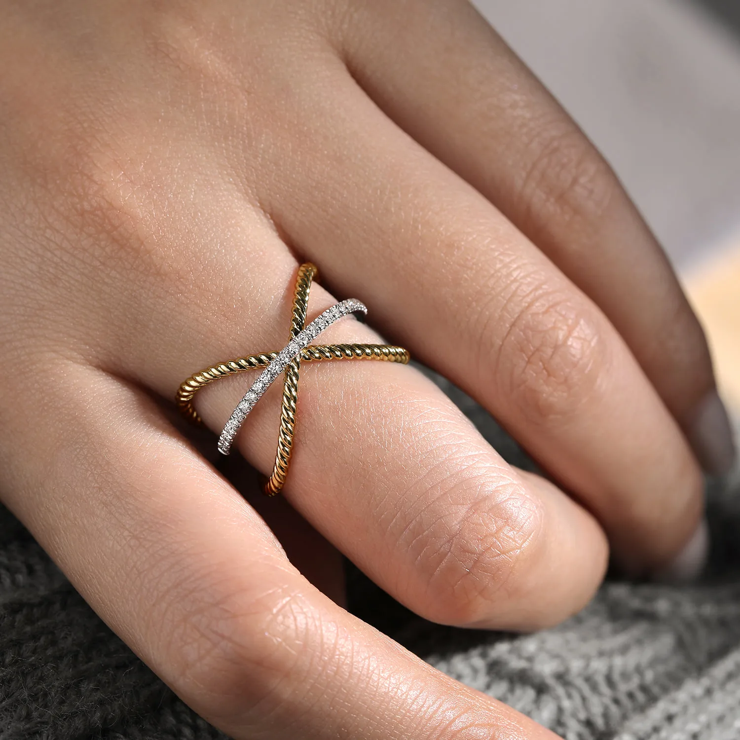 Twisted Criss Cross X Shaped Diamond Ring in 14K White/Yellow Gold, photograph 5