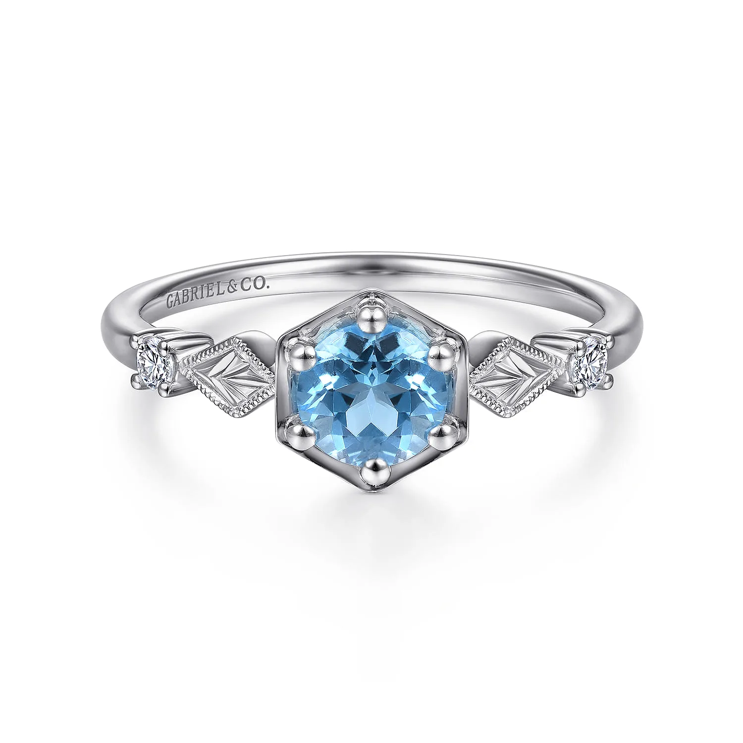 Hexagonal Blue Topaz Diamond Promise Ring