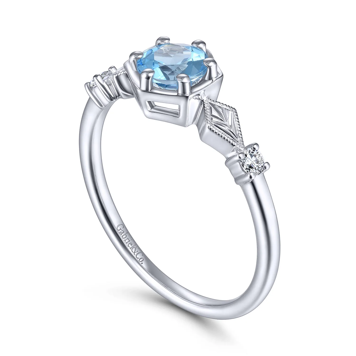 Hexagonal Blue Topaz Diamond Promise Ring in 14K White Gold, photograph 3