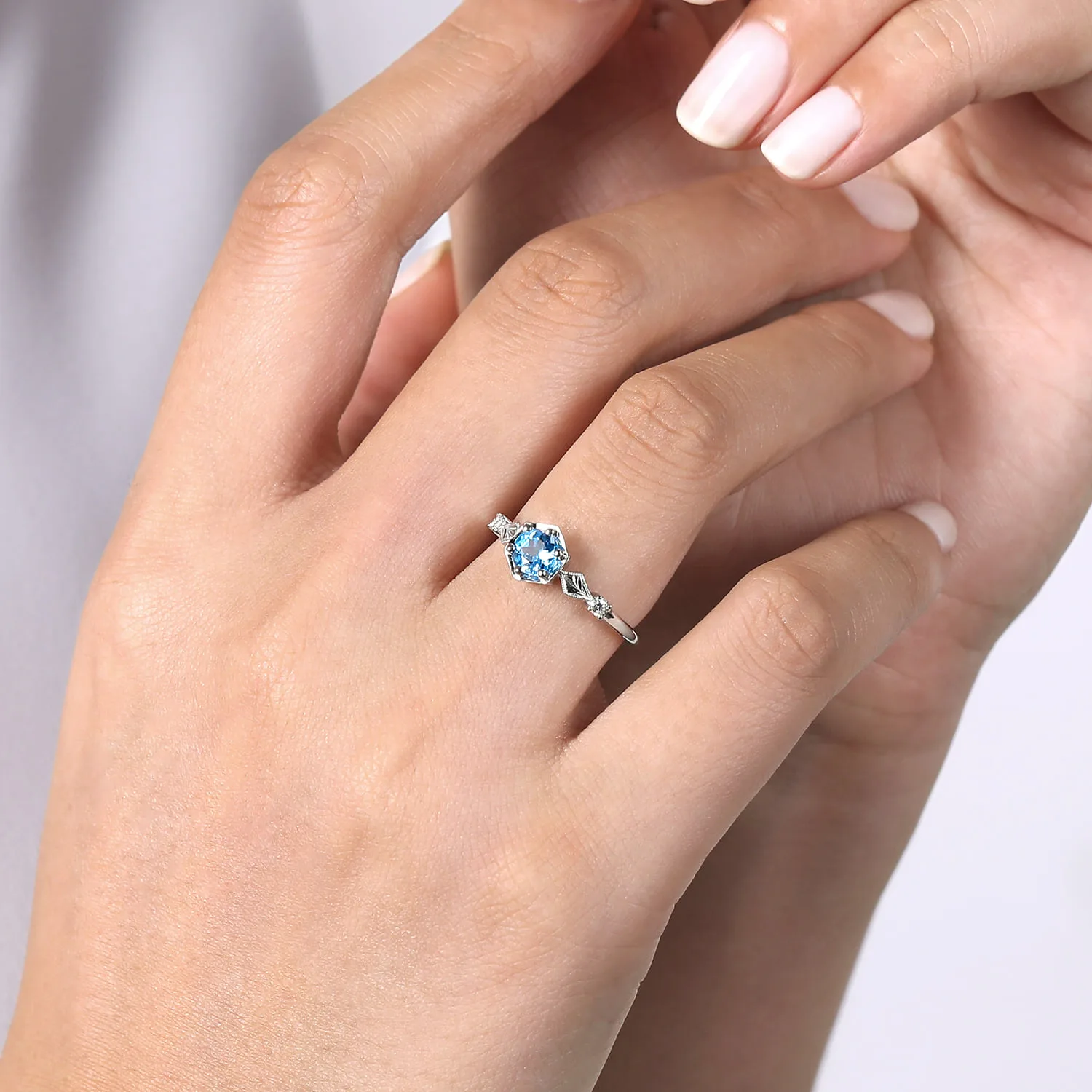 Hexagonal Blue Topaz Diamond Promise Ring in 14K White Gold, photograph 5