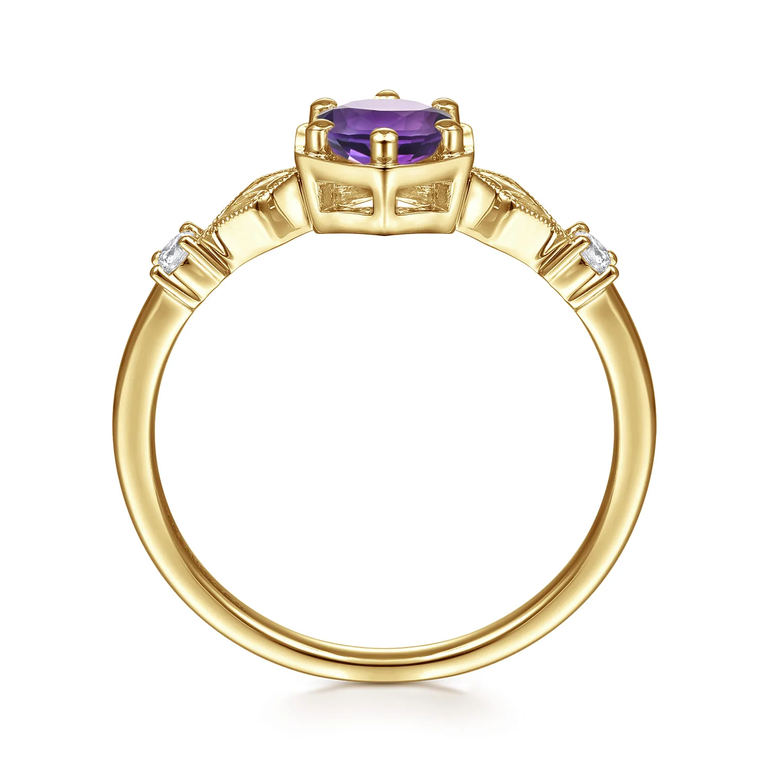 Hexagonal Amethyst Diamond Promise Ring in 14K Yellow Gold, photograph 2