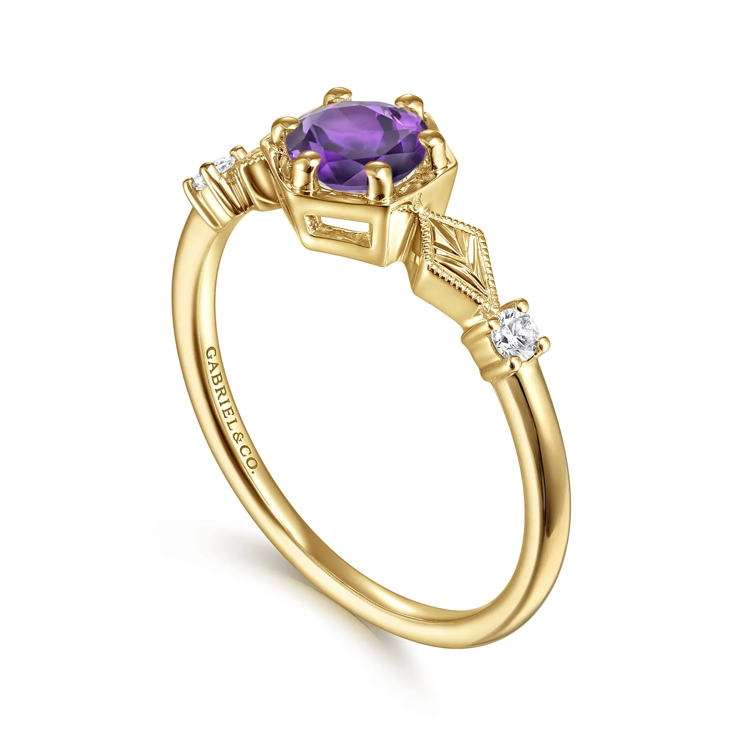 Hexagonal Amethyst Diamond Promise Ring in 14K Yellow Gold, photograph 3