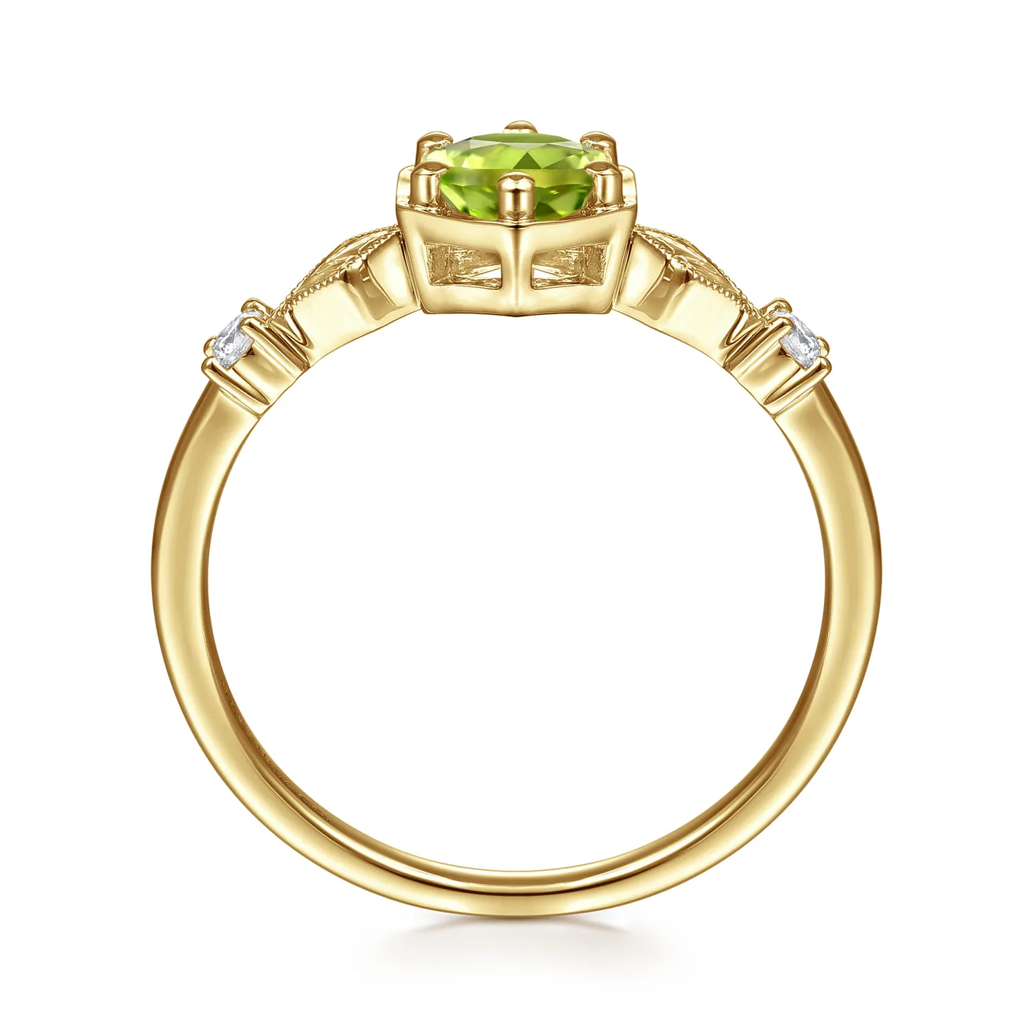 Hexagonal Peridot Diamond Promise Ring in 14K Yellow Gold, photograph 2