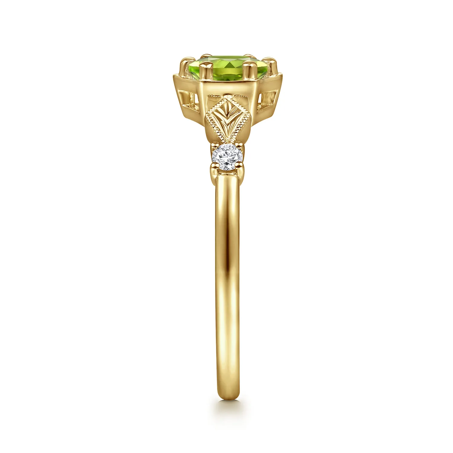 Hexagonal Peridot Diamond Promise Ring in 14K Yellow Gold, photograph 4