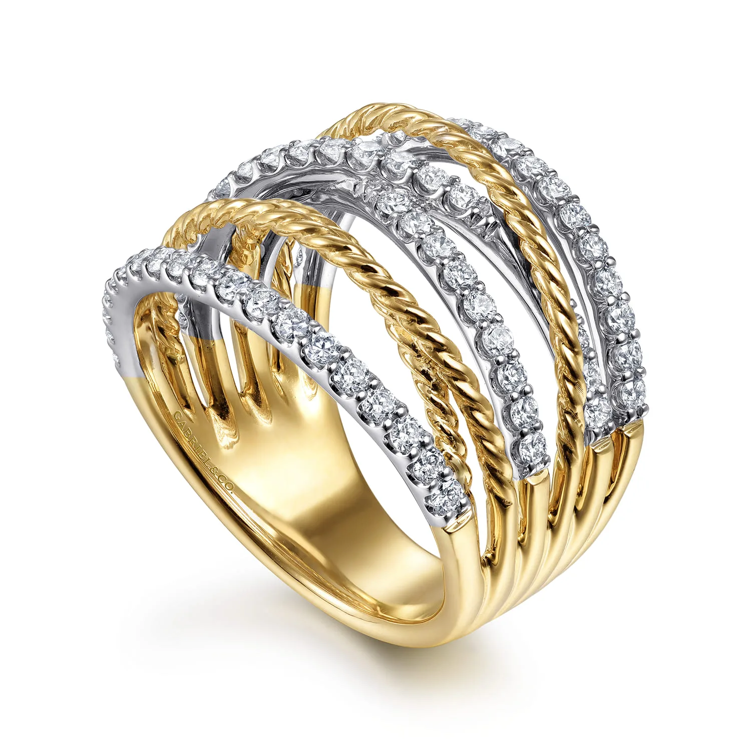 Twisted Rope and Diamond Multi Row Ring in 14K White/Yellow Gold, photograph 3