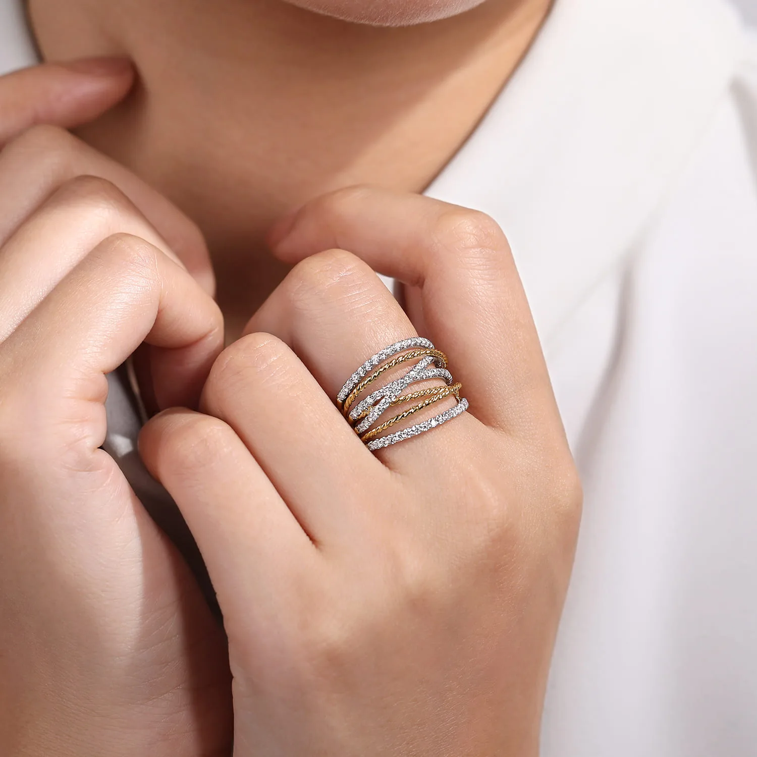 Twisted Rope and Diamond Multi Row Ring in 14K White/Yellow Gold, photograph 5