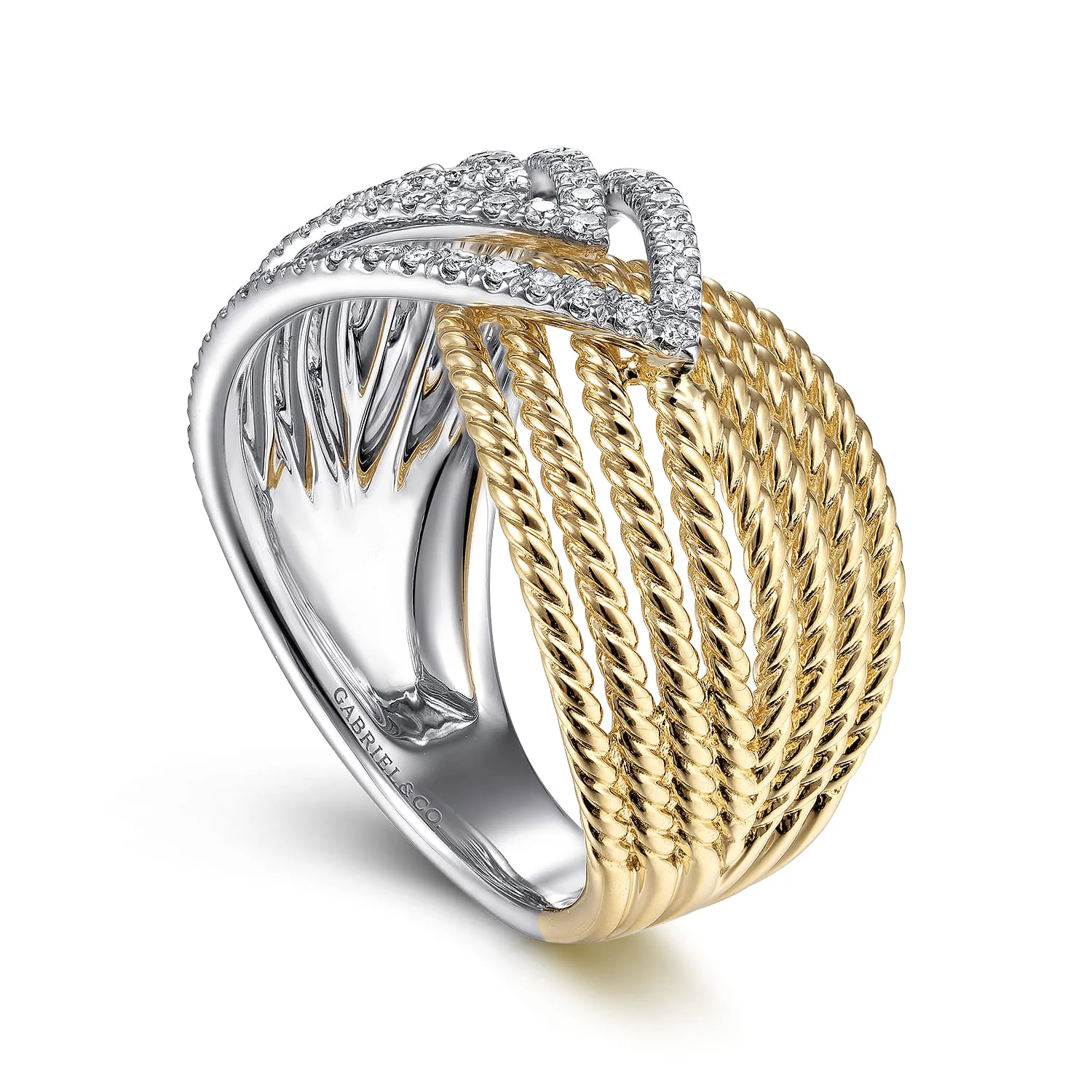 Twisted Rope and Diamond Overlapping Triangle Ring in 14K White/Yellow Gold, photograph 3