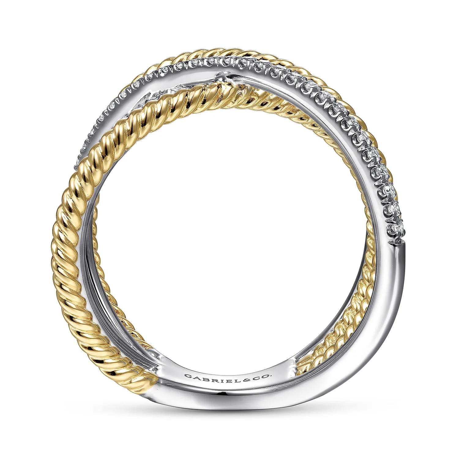 Twisted Rope and Diamond Criss Cross Ring in 14K White/Yellow Gold, photograph 2
