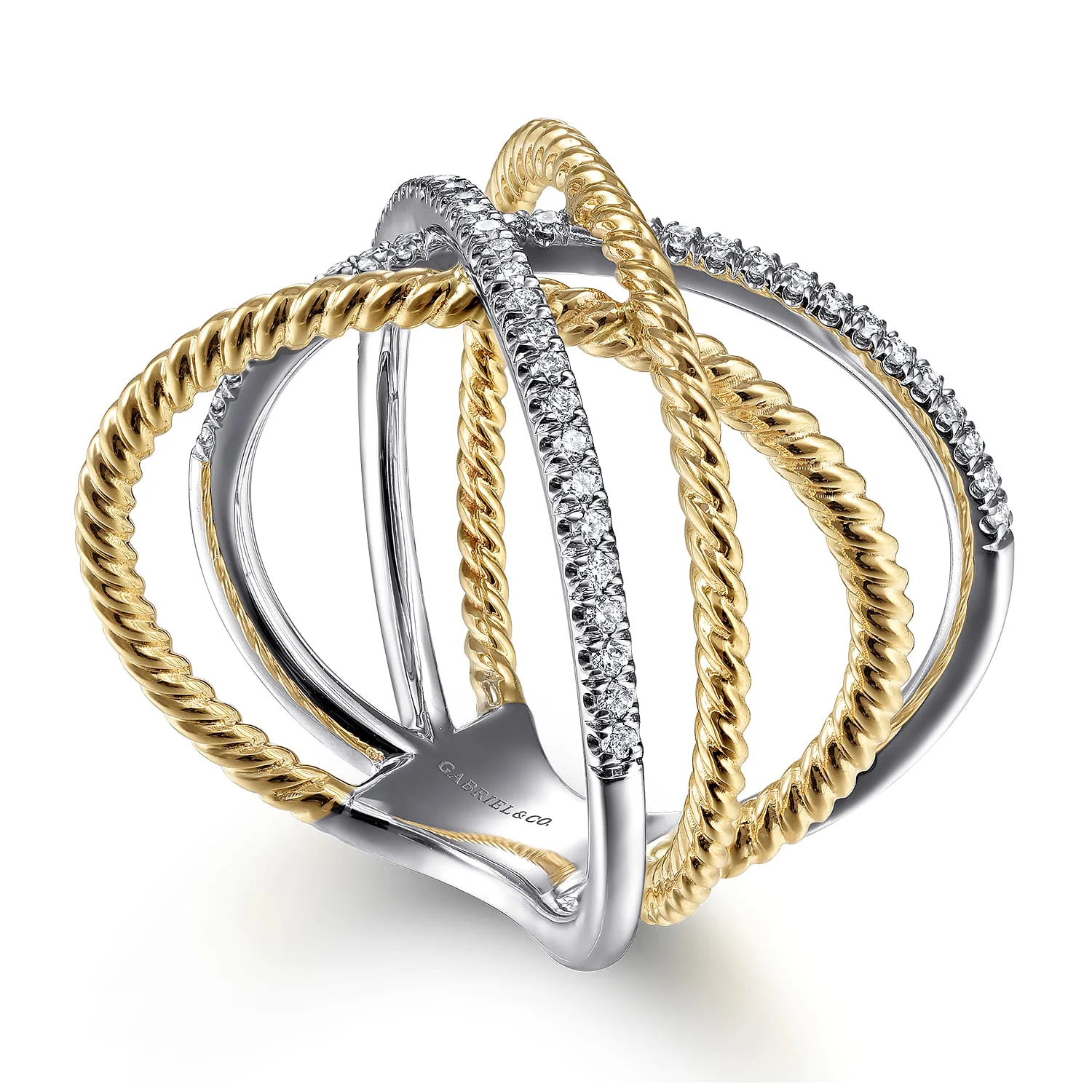 Twisted Rope and Diamond Criss Cross Ring in 14K White/Yellow Gold, photograph 3