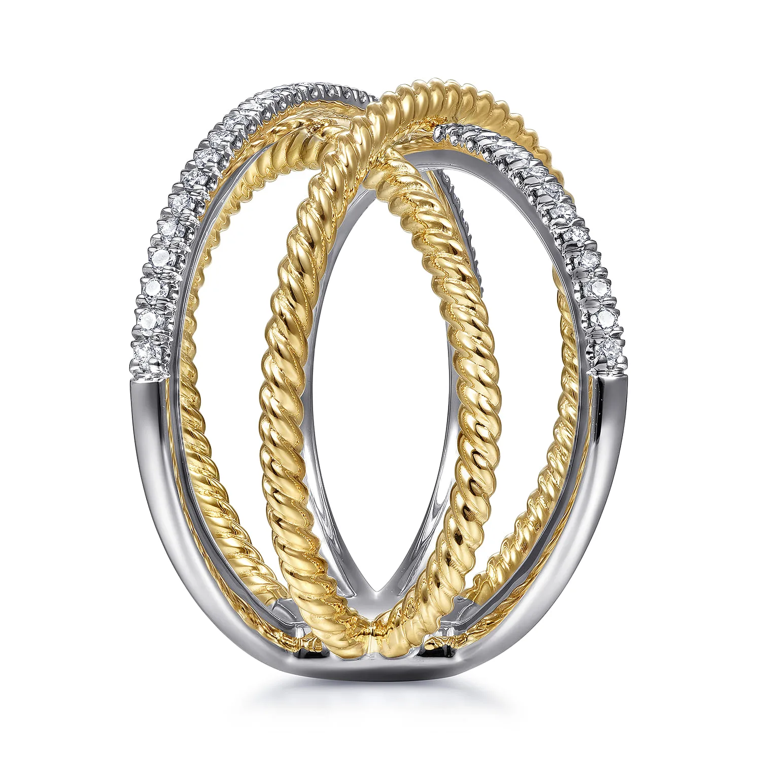 Twisted Rope and Diamond Criss Cross Ring in 14K White/Yellow Gold, photograph 4