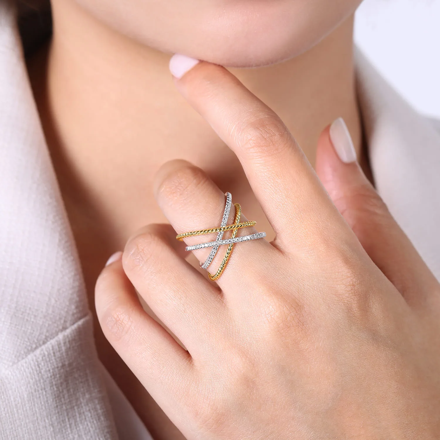 Twisted Rope and Diamond Criss Cross Ring in 14K White/Yellow Gold, photograph 5