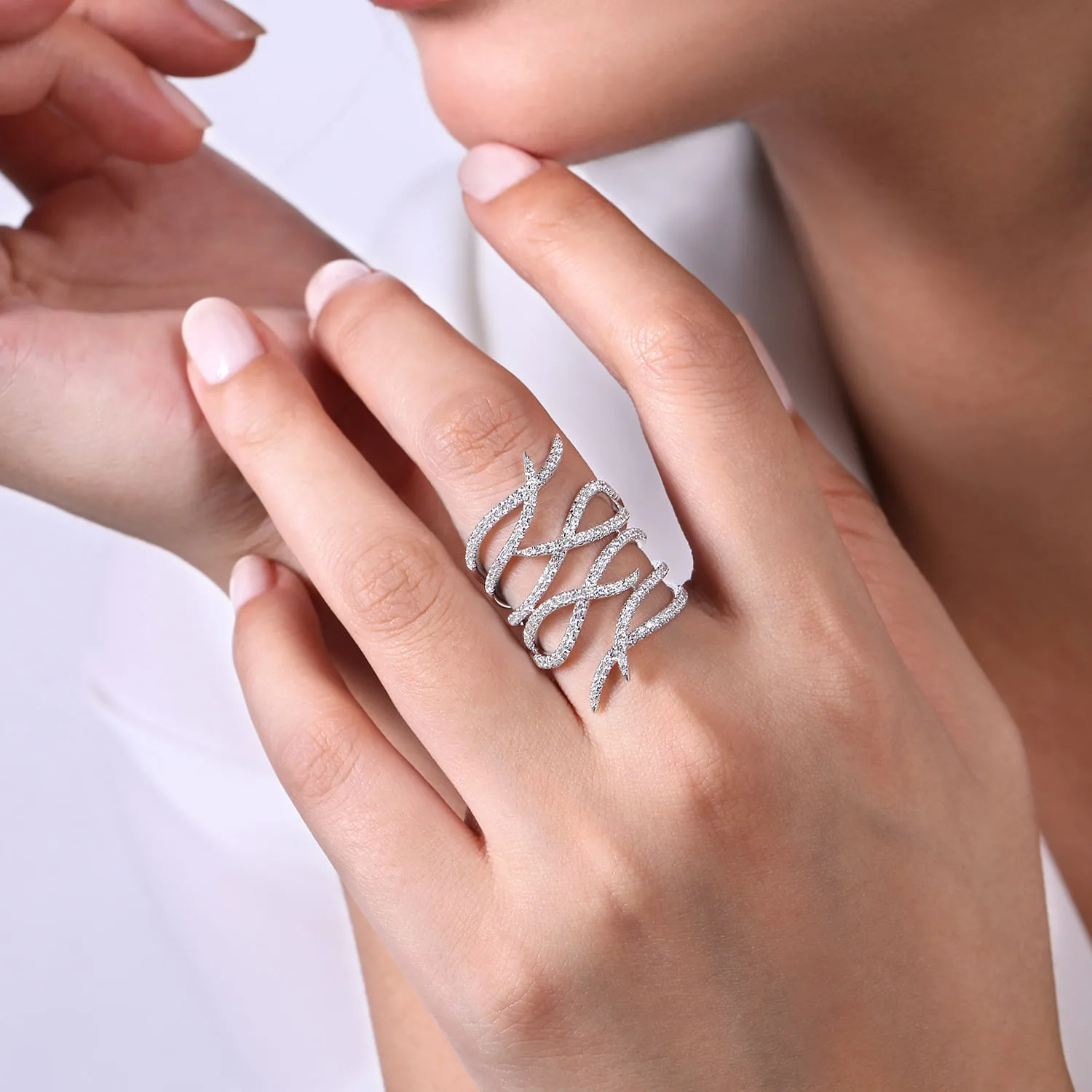 Diamond Multi Row Twisted Vine Ring in 14K White Gold, photograph 5