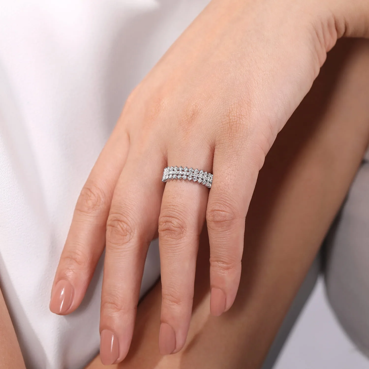 Three Row Diamond Band in 14K White Gold, photograph 5