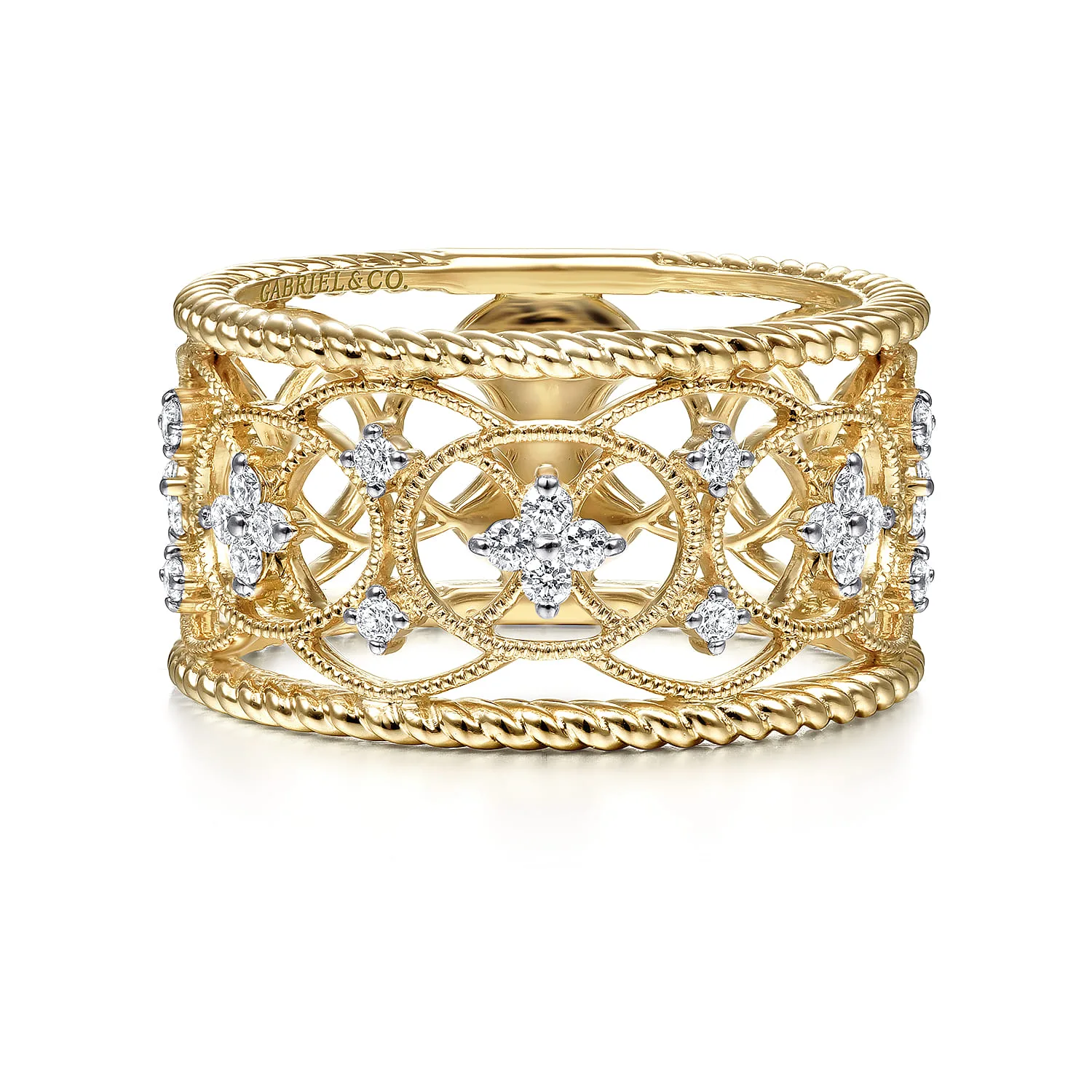 Wide Open Work Diamond Ring with Twisted Rope Edge