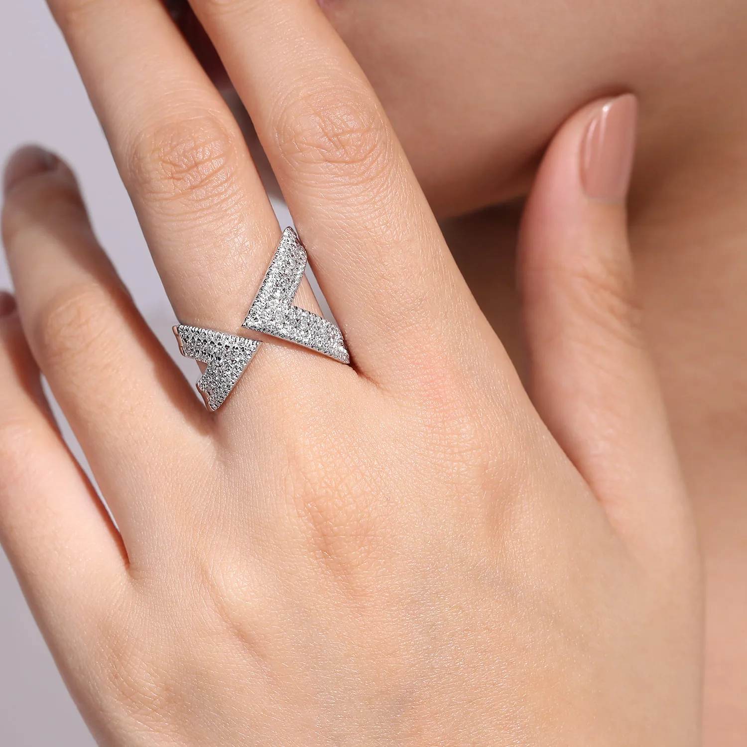 Abstract Diamond Pave Bypass Open Ring in 14K White Gold, photograph 5