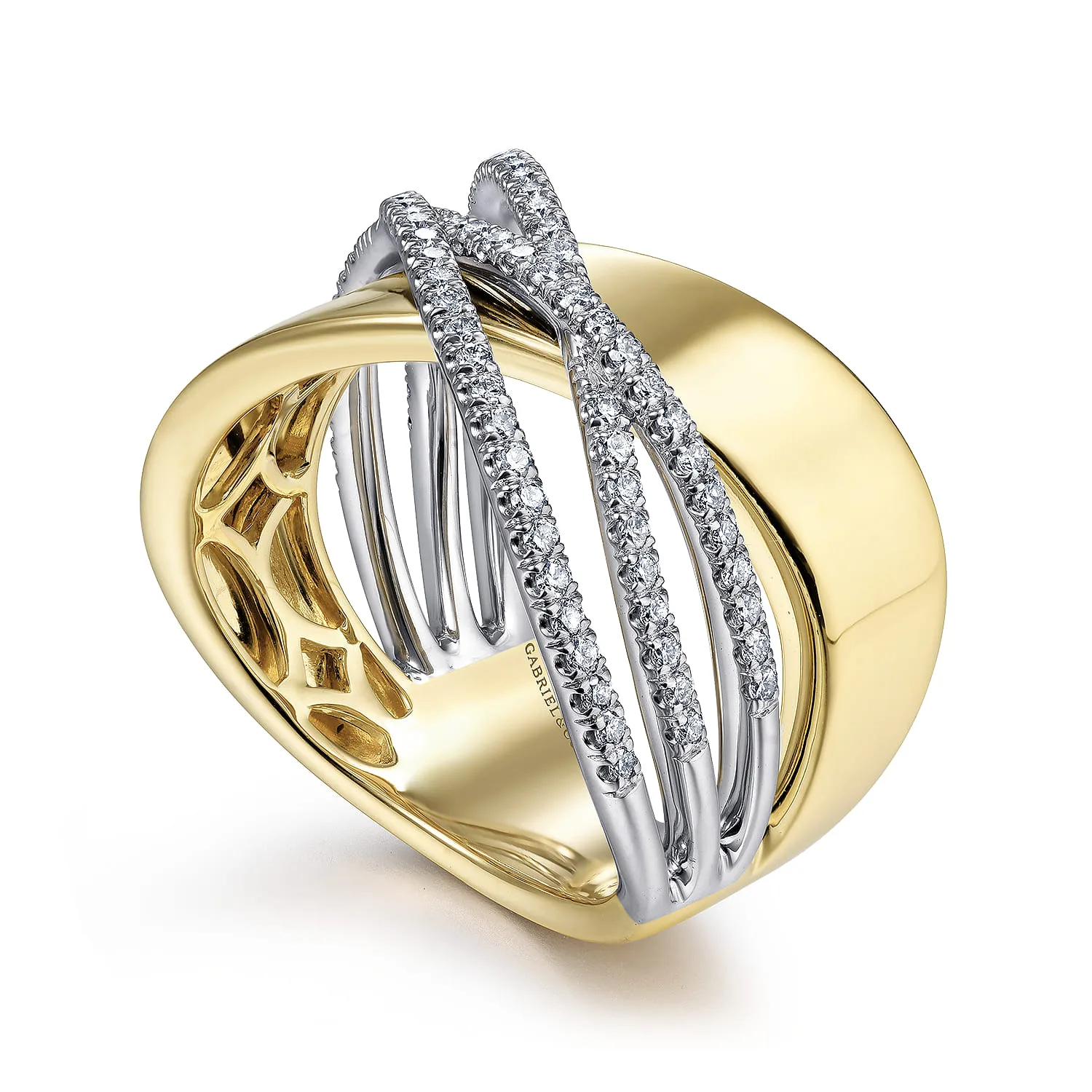 Polished and Diamond Bands Criss Cross Ring in 14K White/Yellow Gold, photograph 3