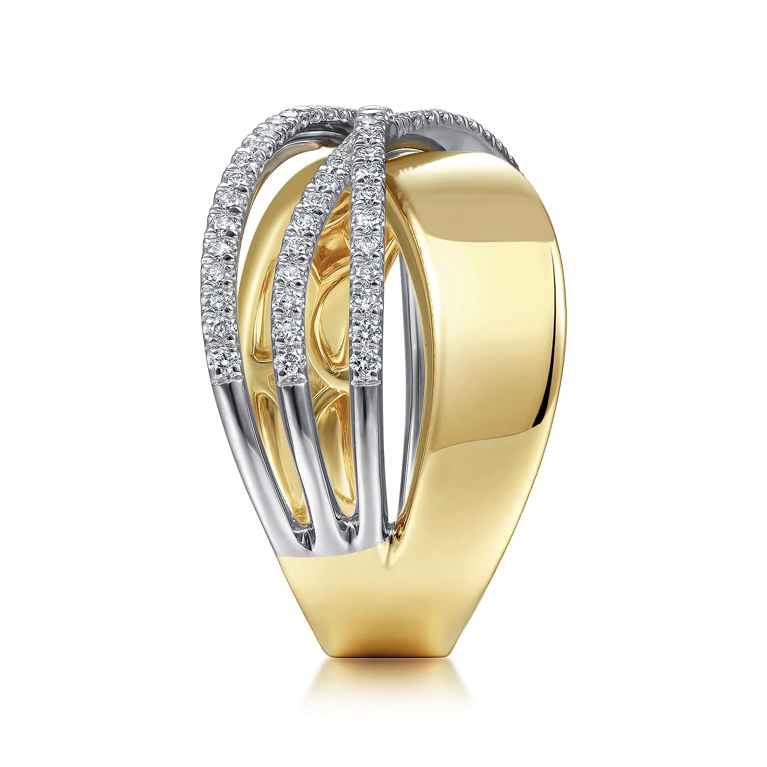 Polished and Diamond Bands Criss Cross Ring in 14K White/Yellow Gold, photograph 4
