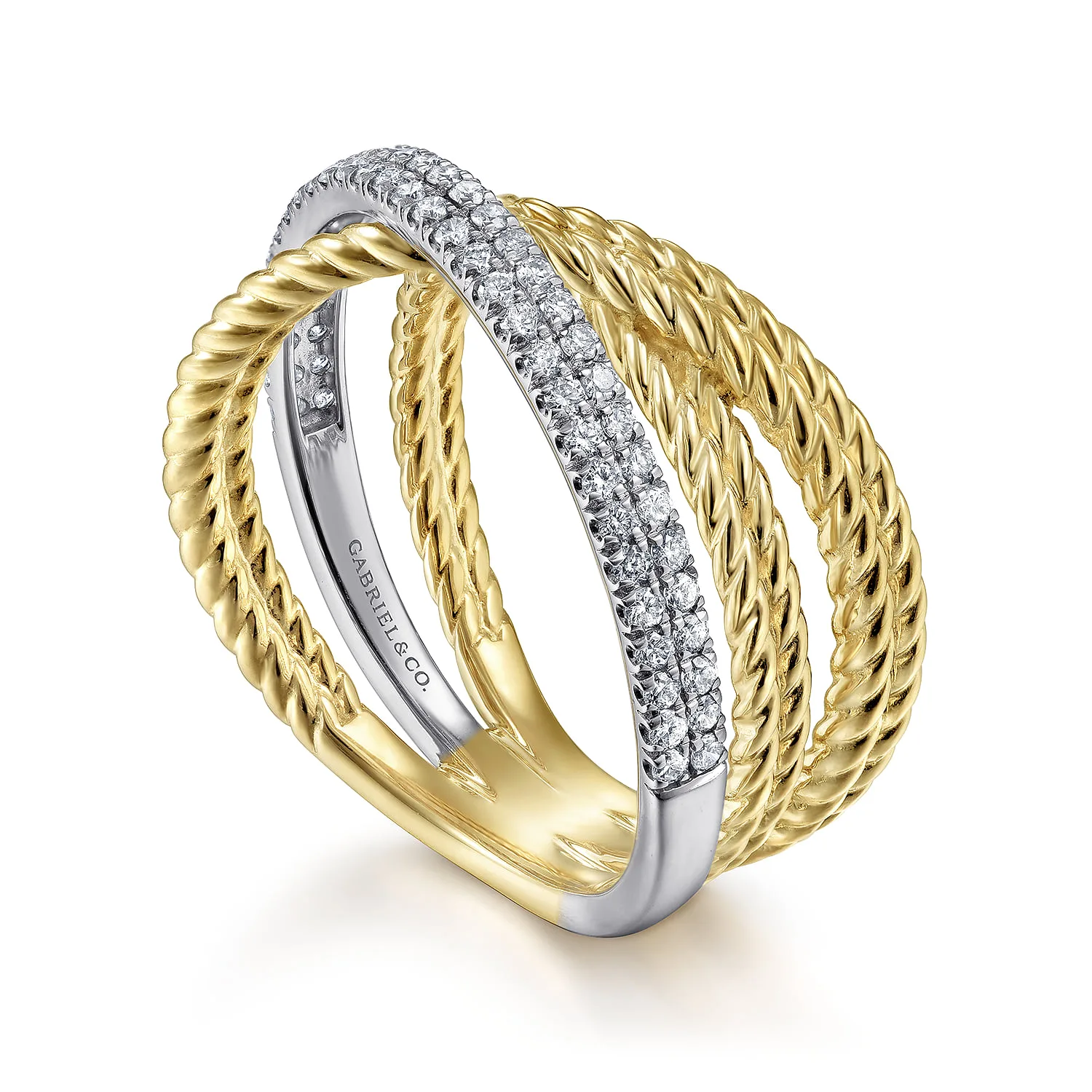 Twisted Rope and Diamond Criss Cross Ring in 14K White/Yellow Gold, photograph 3