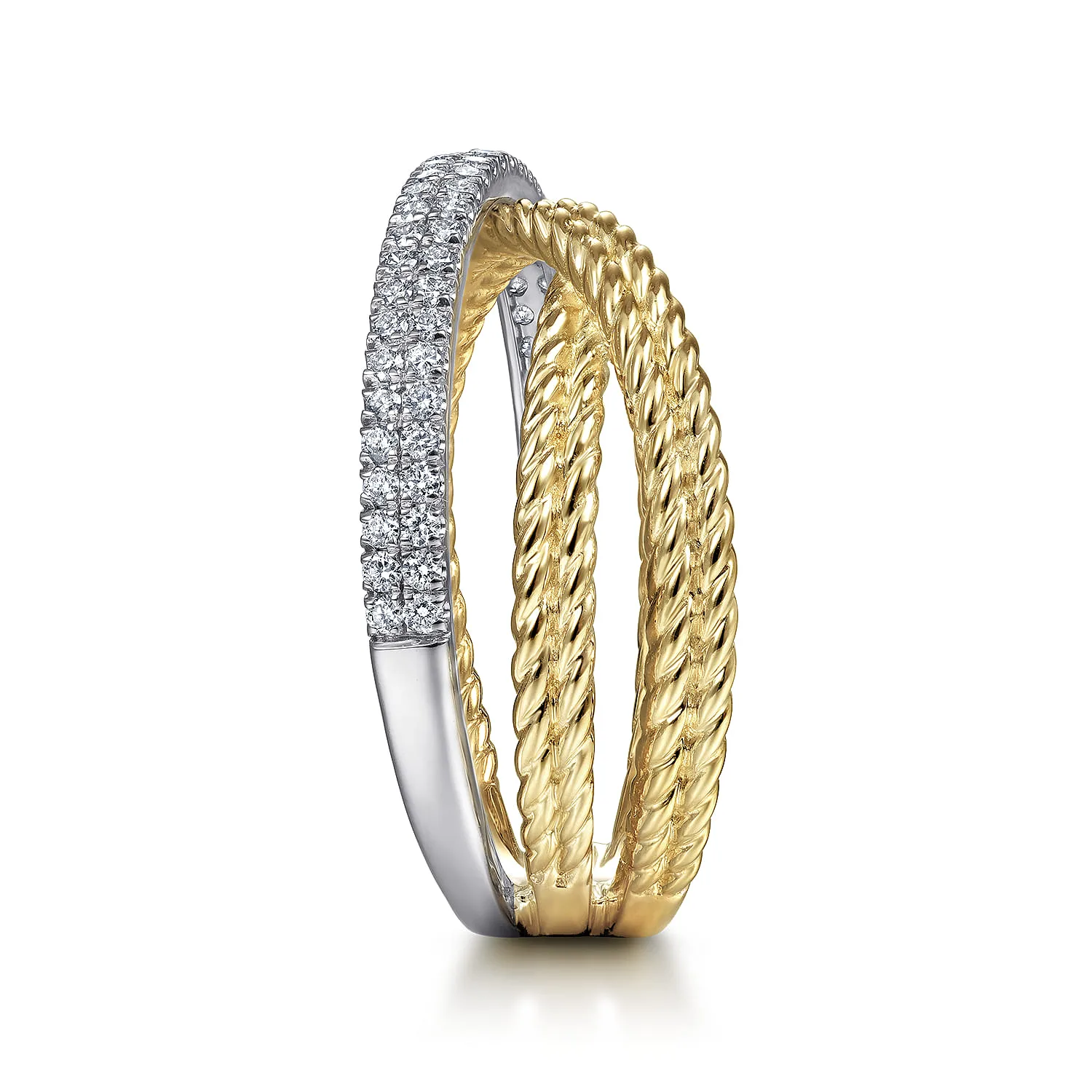 Twisted Rope and Diamond Criss Cross Ring in 14K White/Yellow Gold, photograph 4