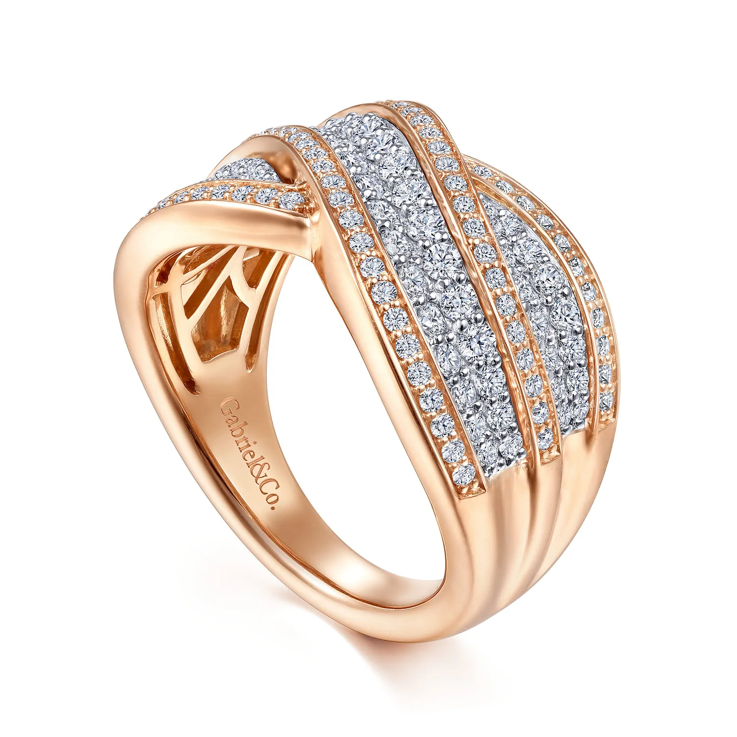 Wide Diamond Channel Criss Cross Ring in 14K White/Rose Gold, photograph 3