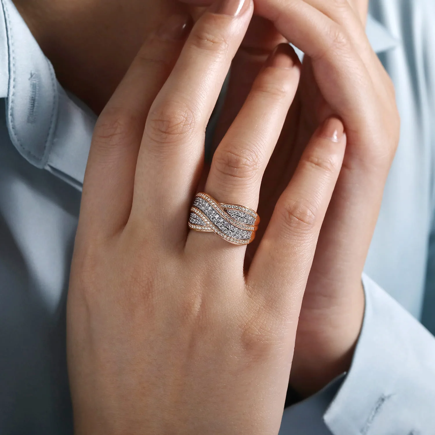 Wide Diamond Channel Criss Cross Ring in 14K White/Rose Gold, photograph 5