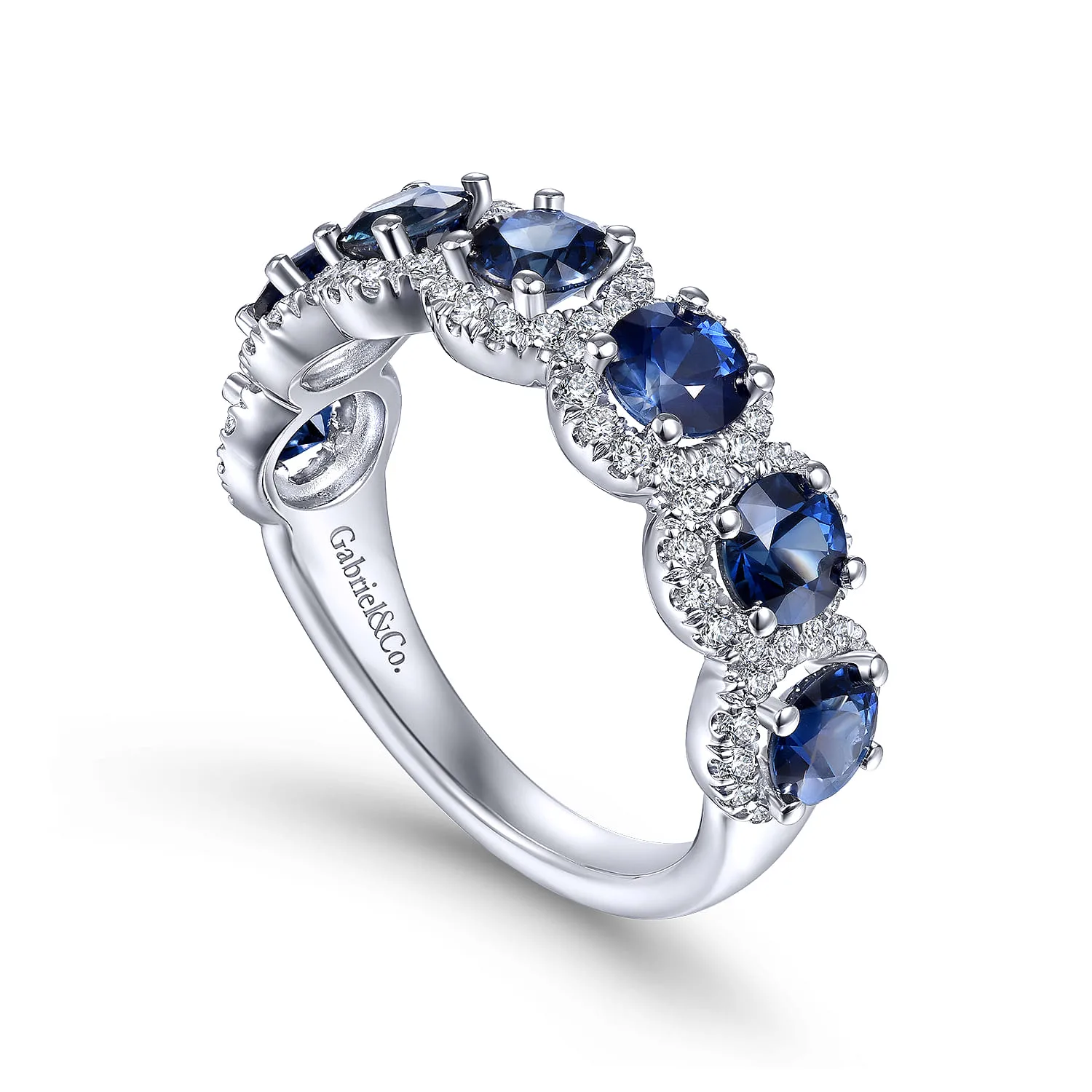 Round Sapphire and Diamond Halo Ring in 14K White Gold, photograph 3