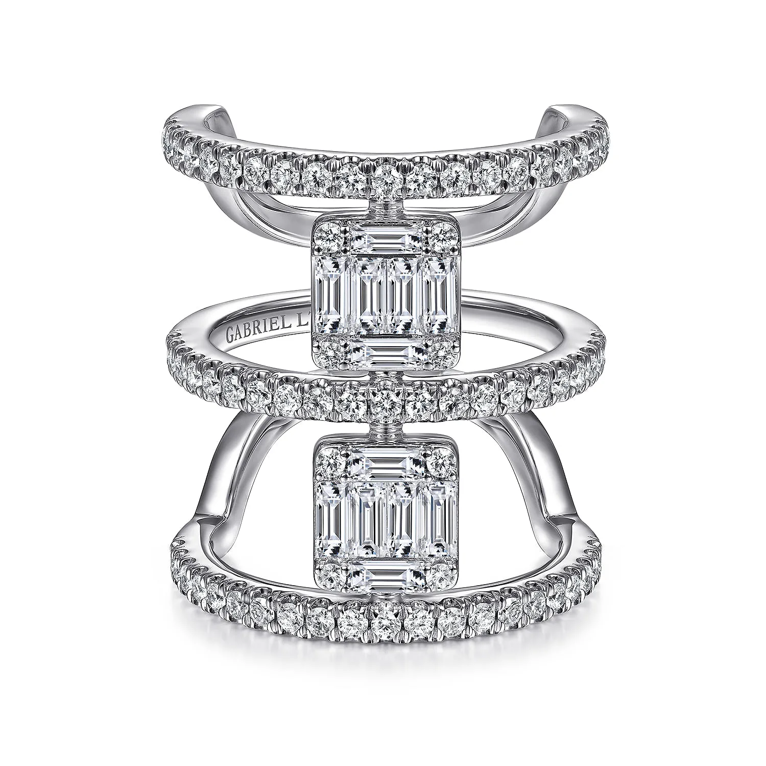 Baguette and Diamond Wide Three Row Ring