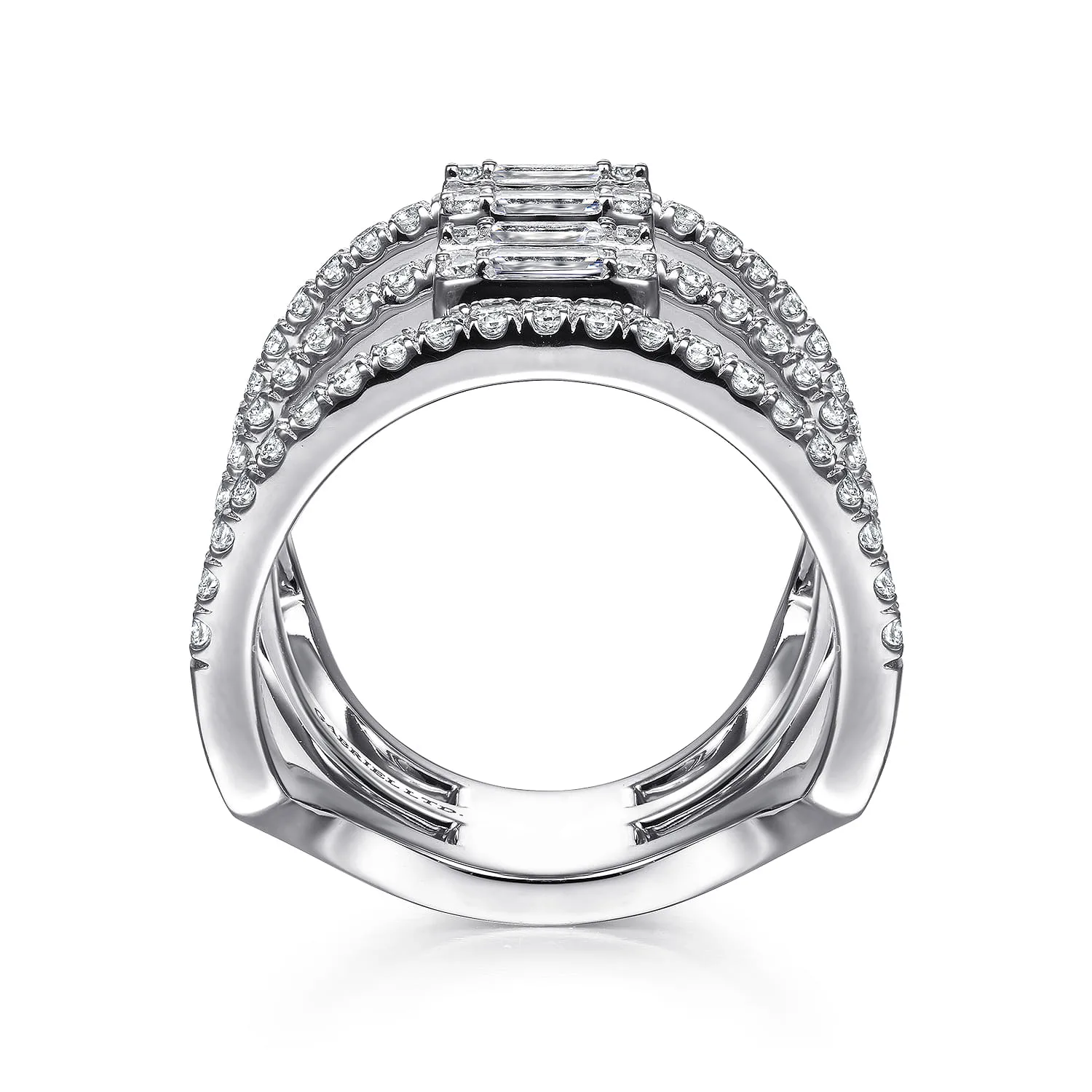 Baguette and Diamond Wide Three Row Ring in 18K White Gold, photograph 2