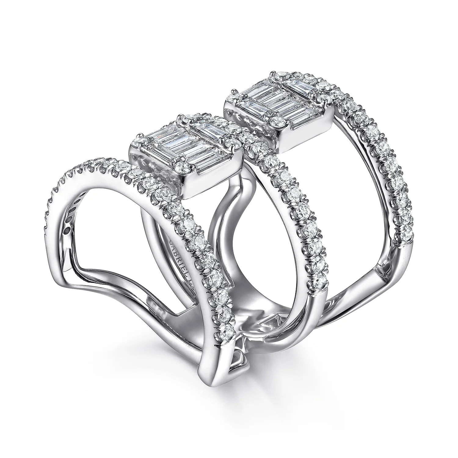 Baguette and Diamond Wide Three Row Ring in 18K White Gold, photograph 3