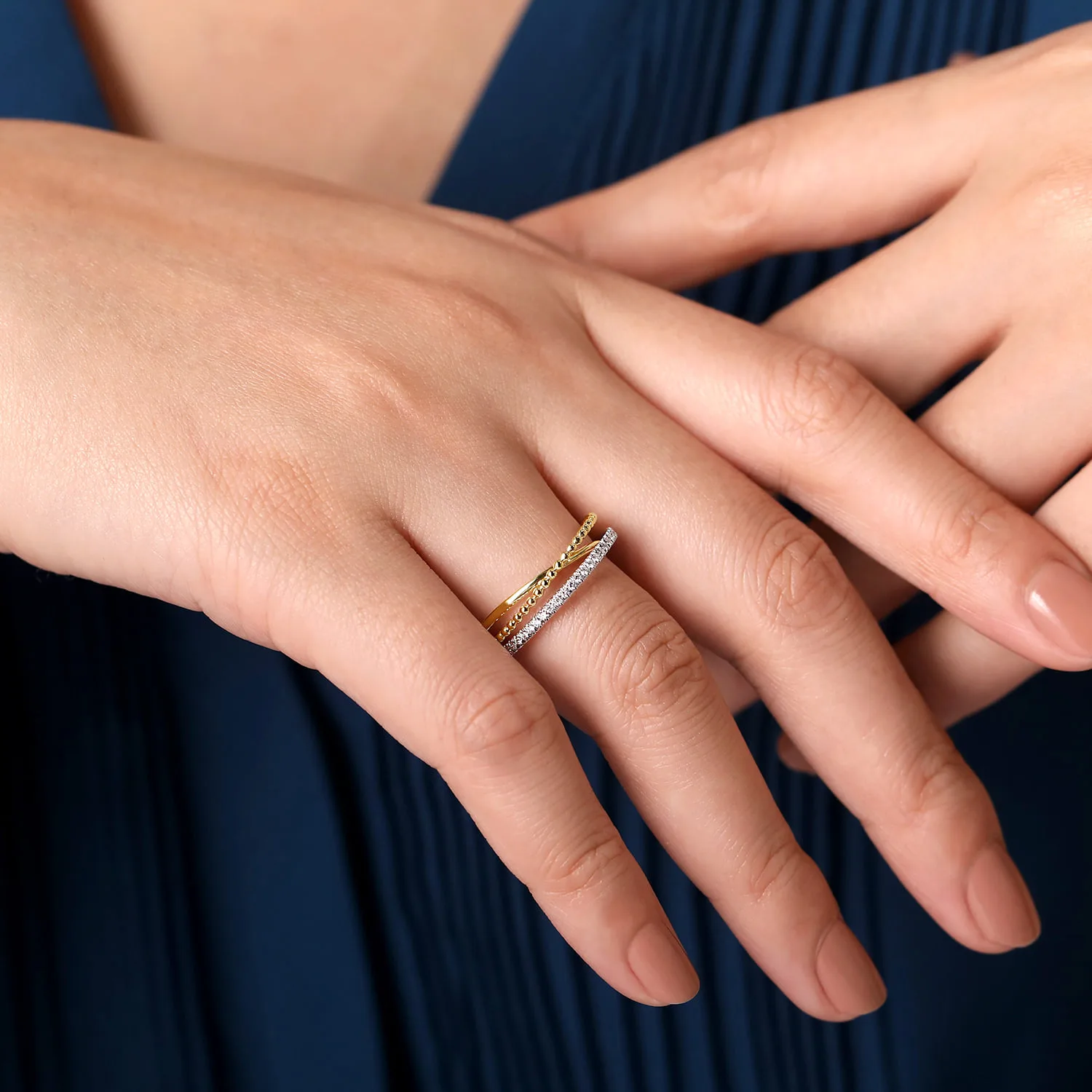 Bujukan Ball and Diamond Criss Cross Ring in 14K White/Yellow Gold, photograph 5