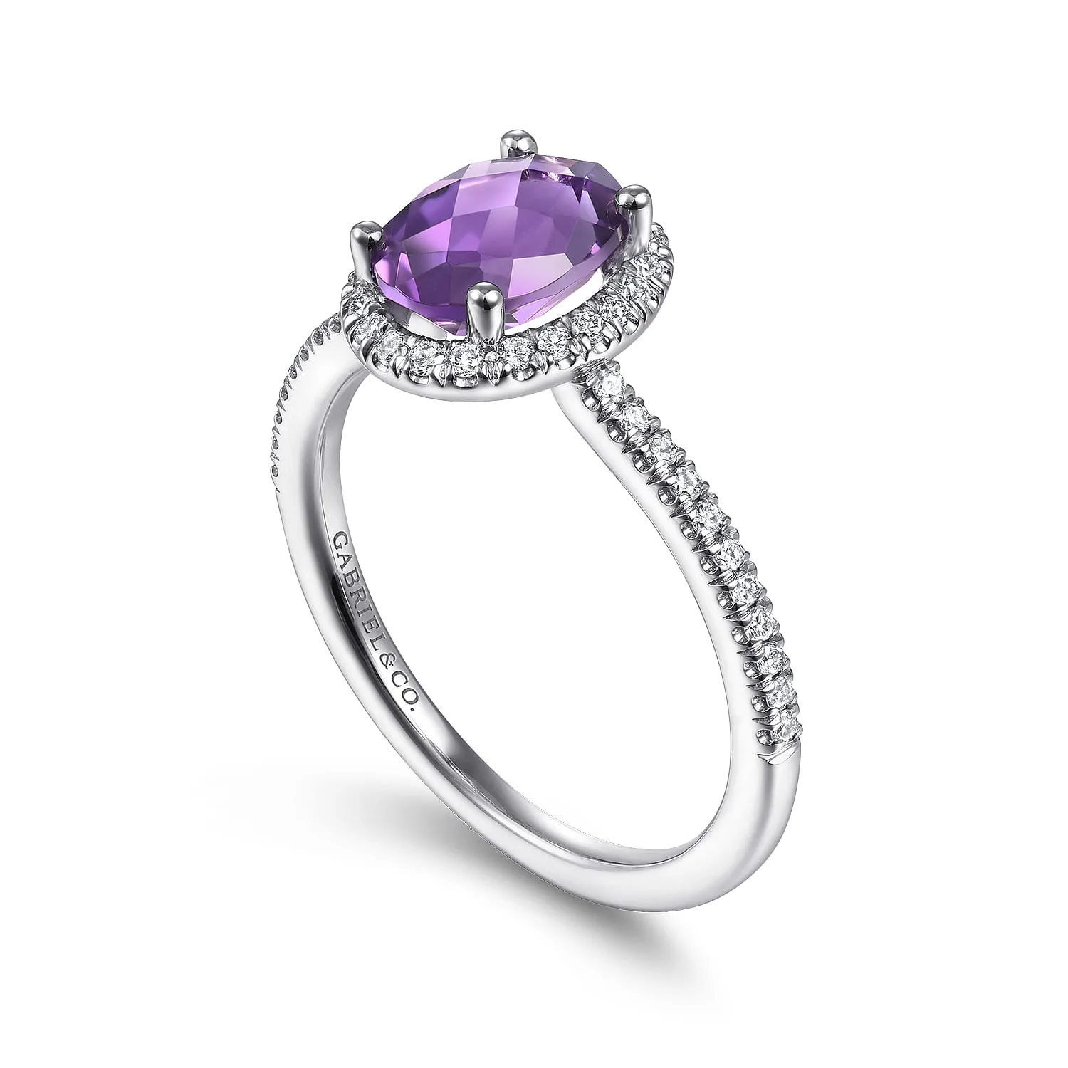 Oval Amethyst and Diamond Halo Ring in 14K White Gold, photograph 3