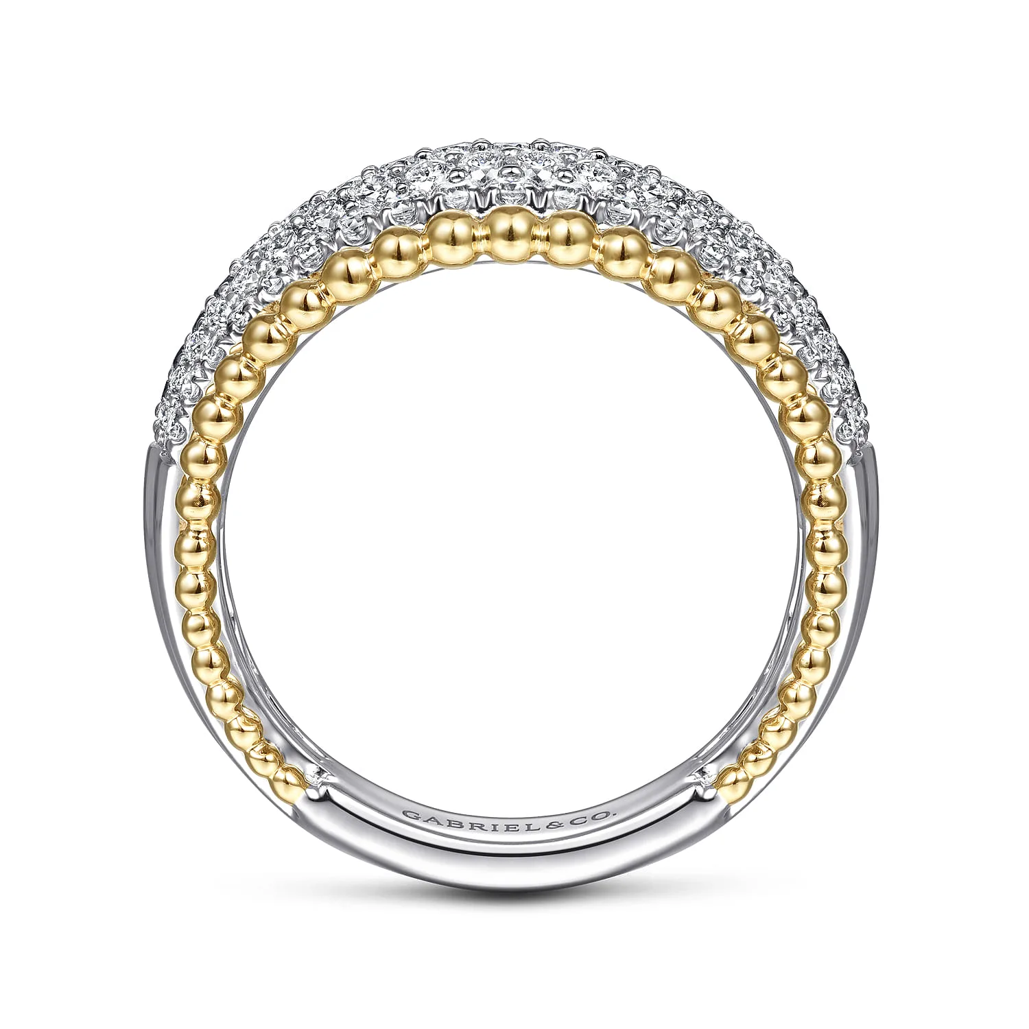 Wide Diamond Pave Band with Bujukan Bead Border in 14K White/Yellow Gold, photograph 2