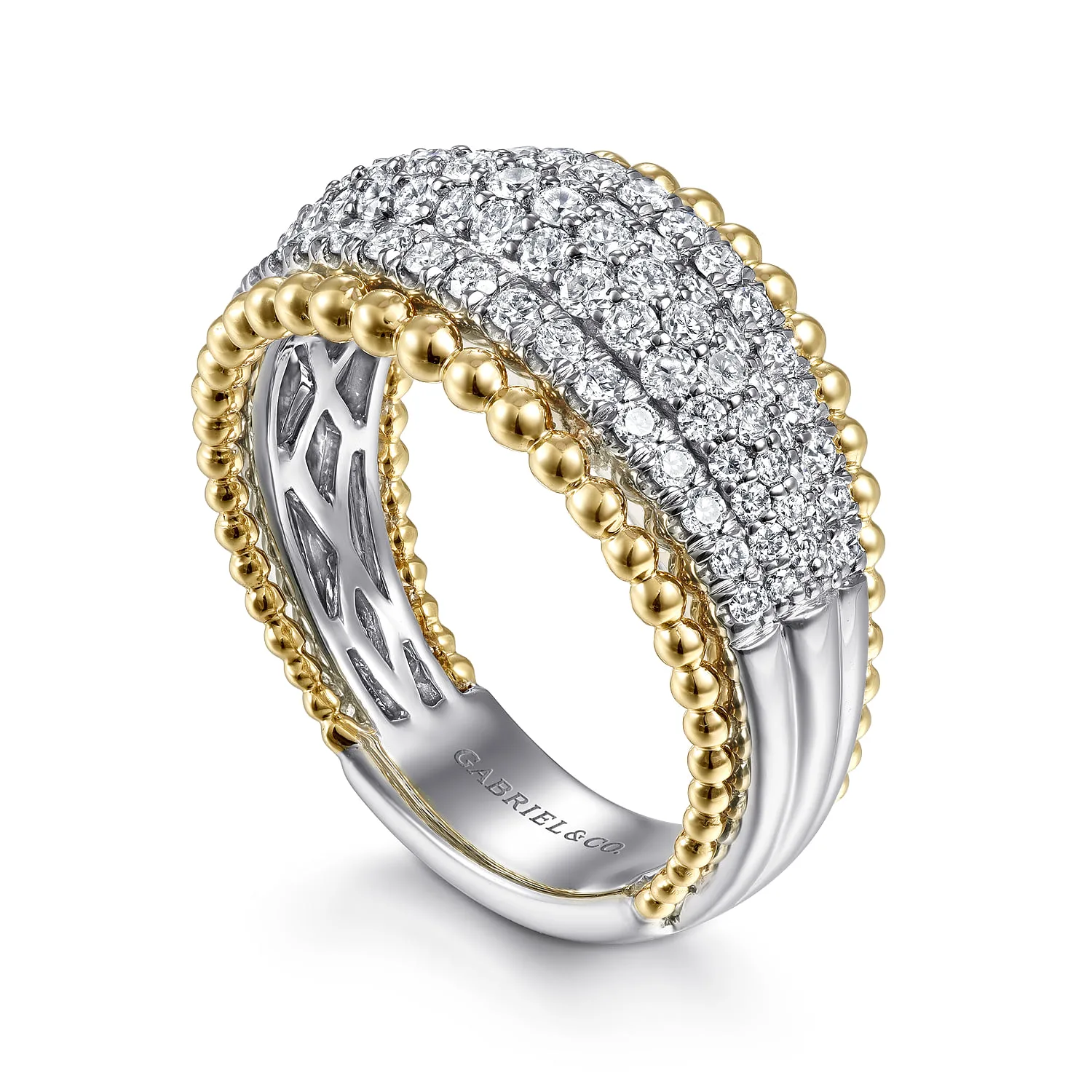 Wide Diamond Pave Band with Bujukan Bead Border in 14K White/Yellow Gold, photograph 3