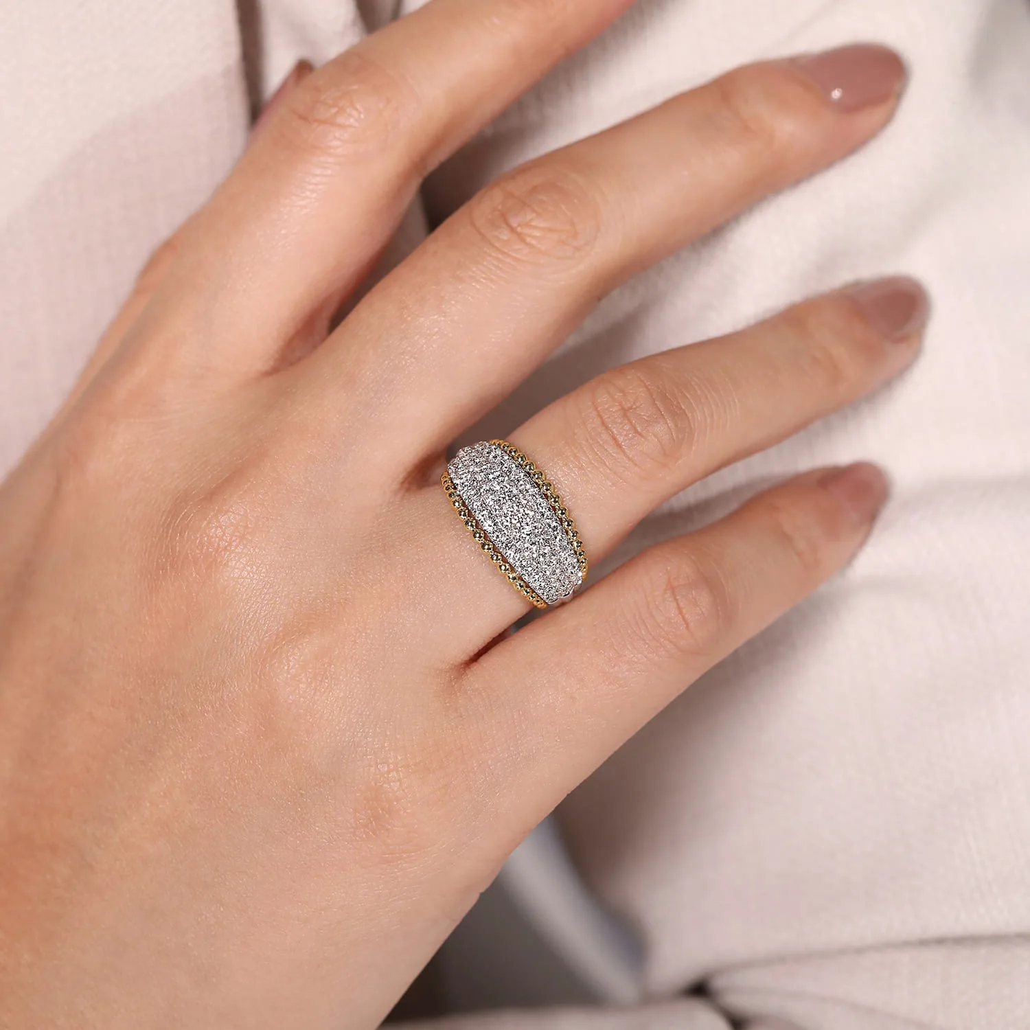 Wide Diamond Pave Band with Bujukan Bead Border in 14K White/Yellow Gold, photograph 5