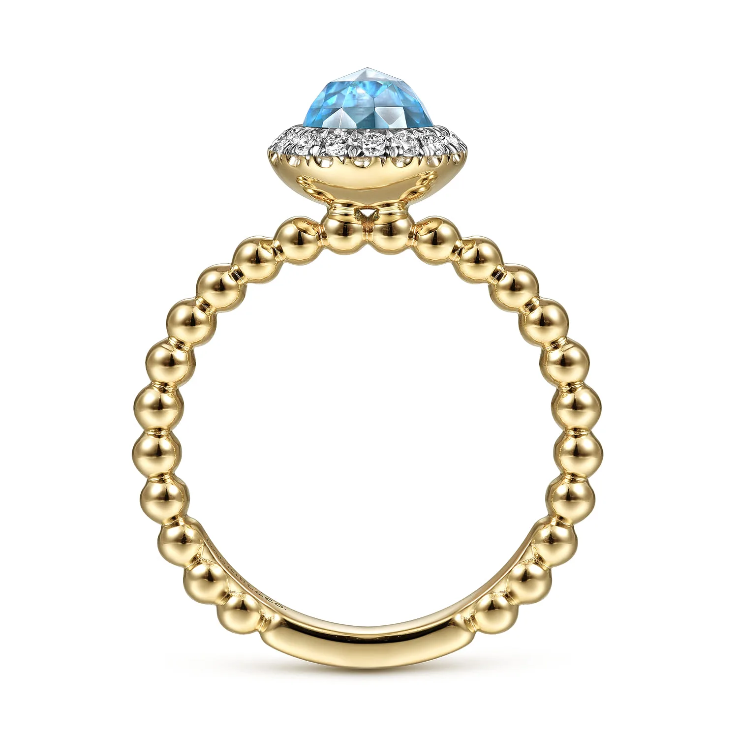 Round Blue Topaz and Diamond Halo Bezel Set Bujukan Promise Ring in 14K Yellow Gold, photograph 2