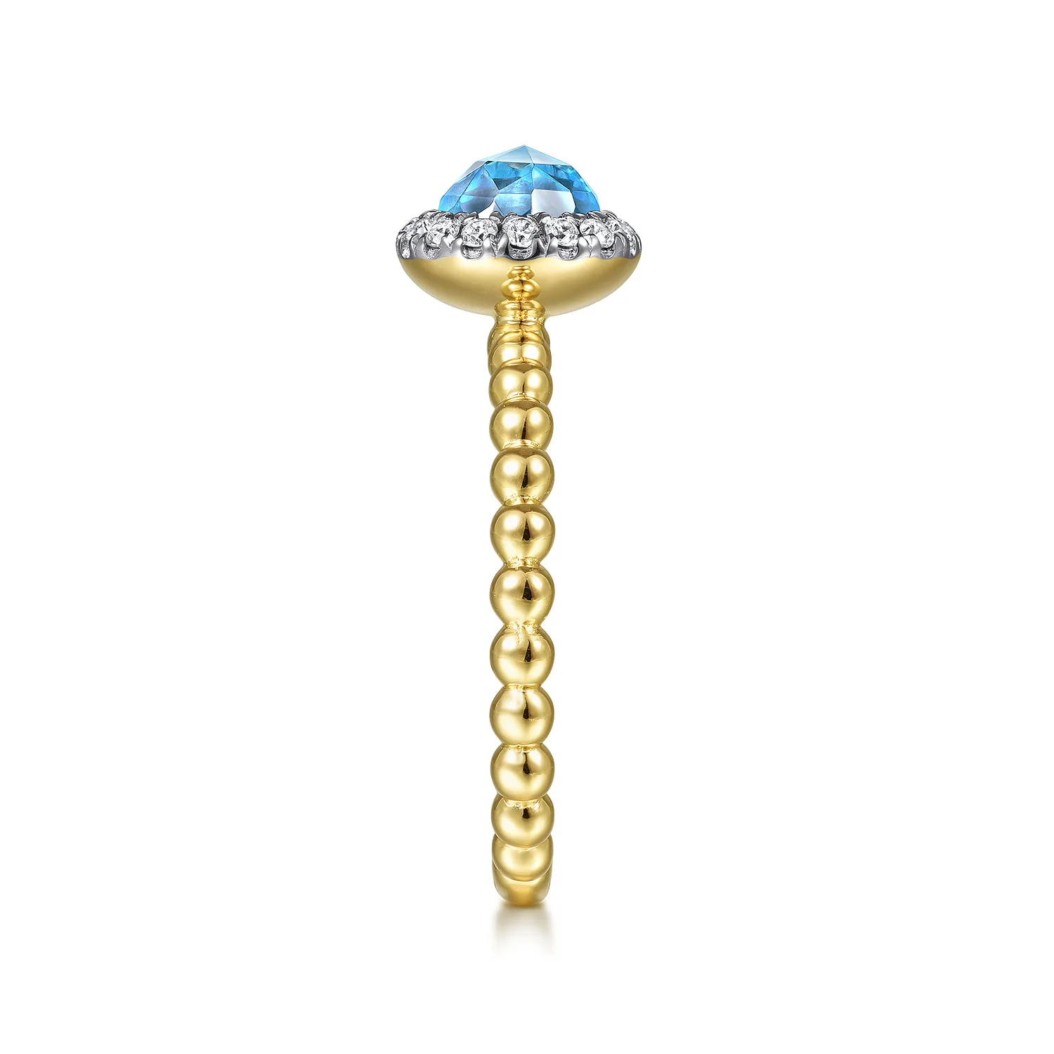 Round Blue Topaz and Diamond Halo Bezel Set Bujukan Promise Ring in 14K Yellow Gold, photograph 4