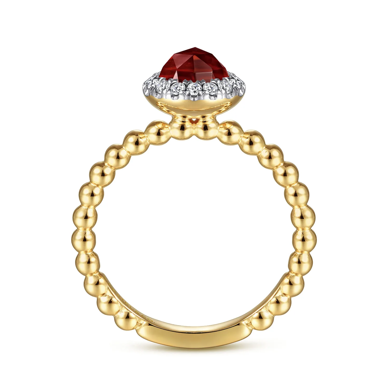 Round Garnet with Diamond Halo Bujukan Promise Ring in 14K Yellow Gold, photograph 2