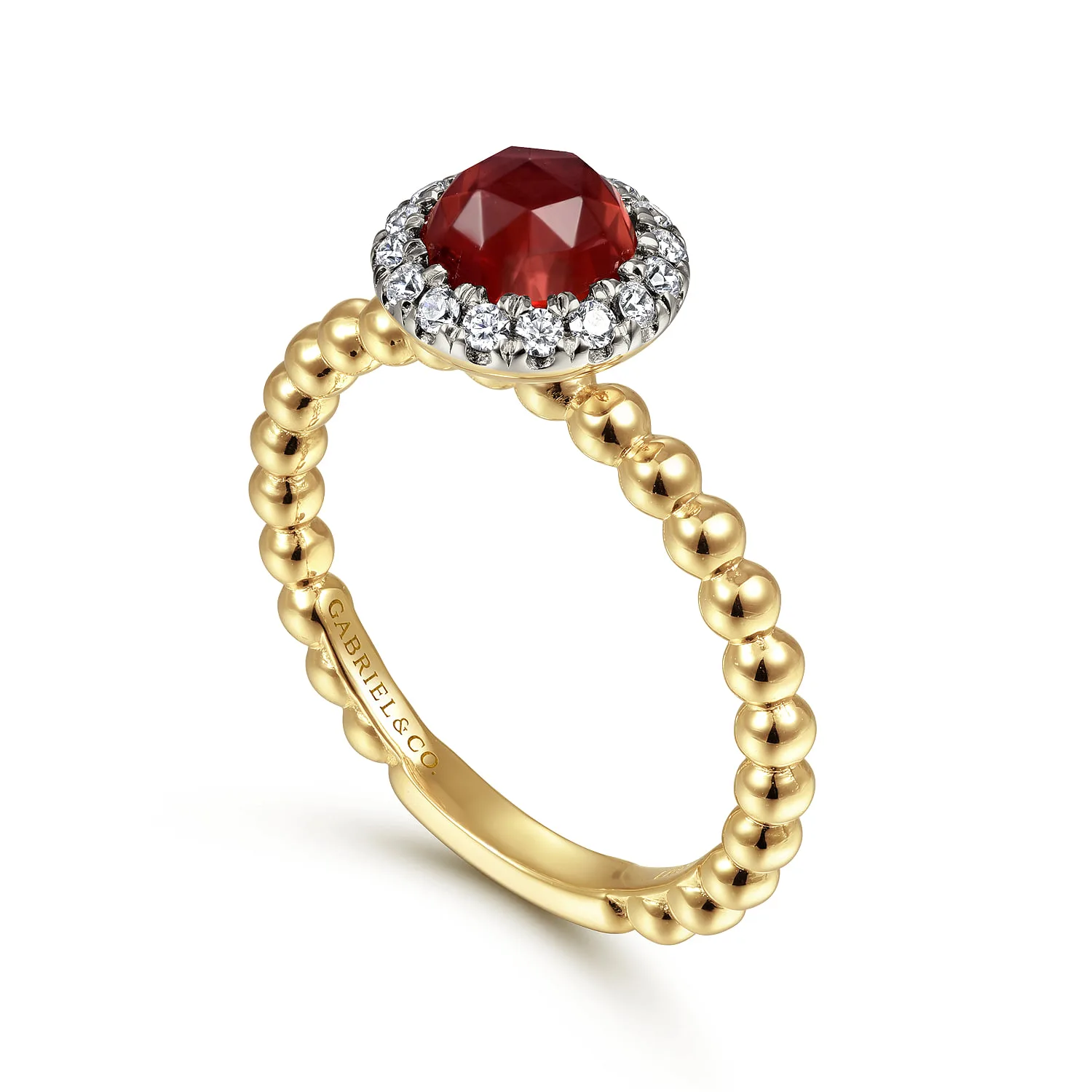 Round Garnet with Diamond Halo Bujukan Promise Ring in 14K Yellow Gold, photograph 3