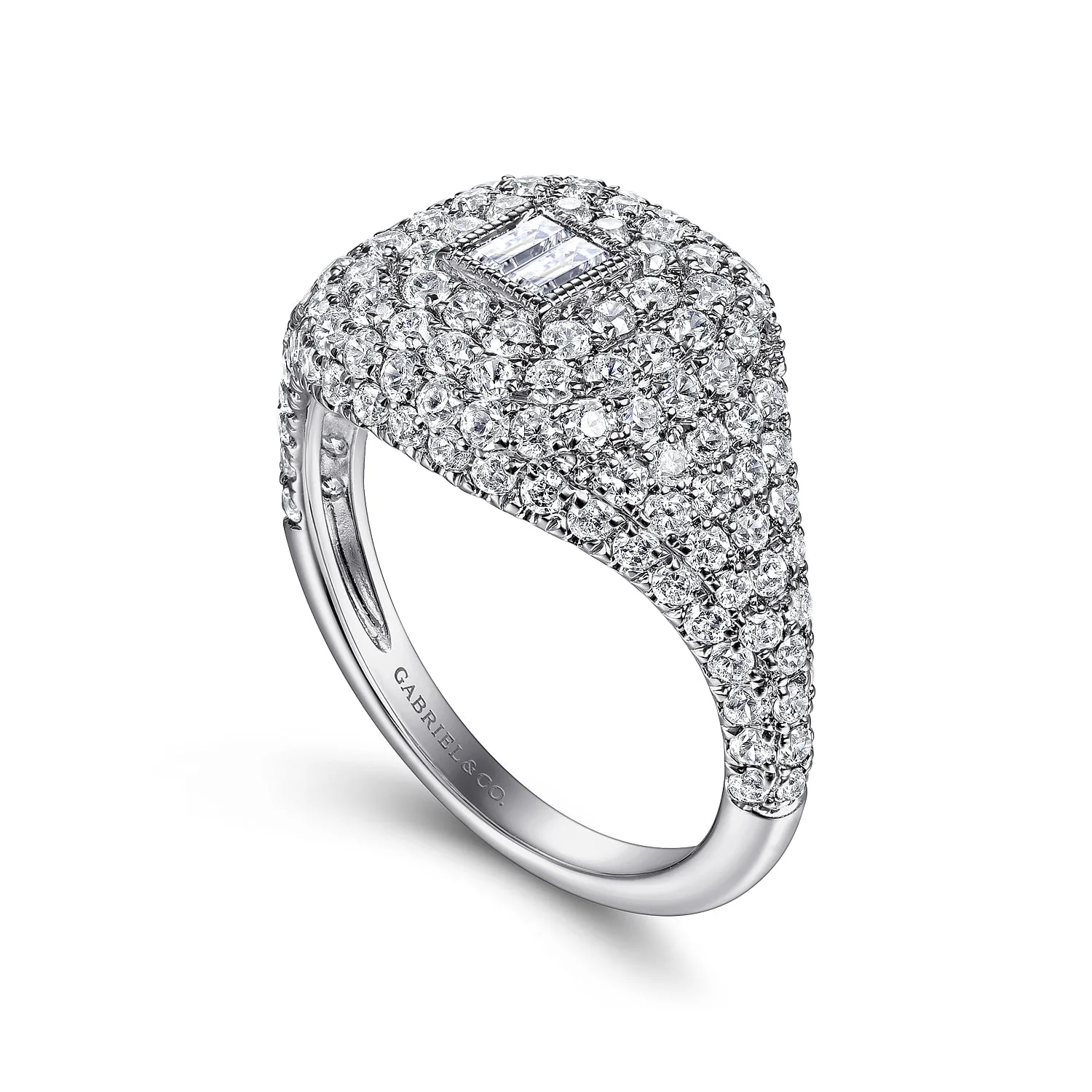 Diamond Pave Ring with Baguette Center in 14K White Gold, photograph 3
