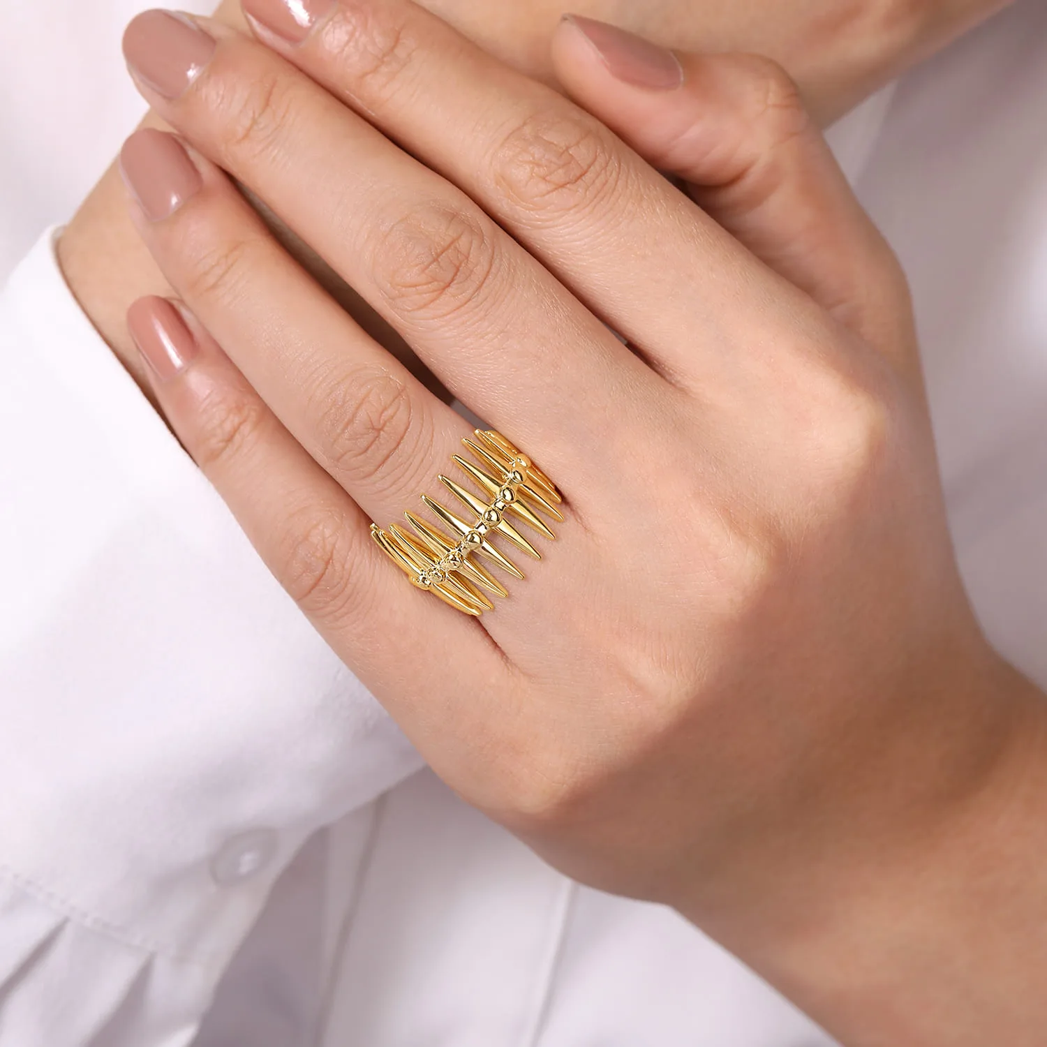 Long Spikes Statement Ring in 14K Yellow Gold, photograph 5