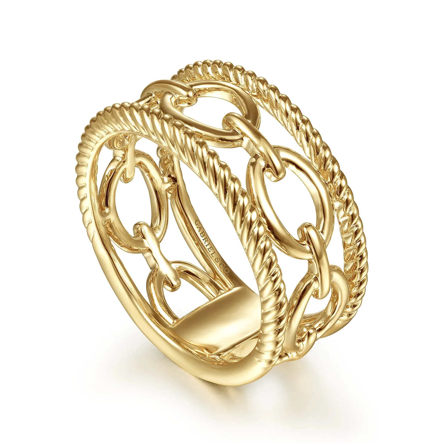 Chain Link Ring with Twisted Rope Frame in 14K Yellow Gold, photograph 3