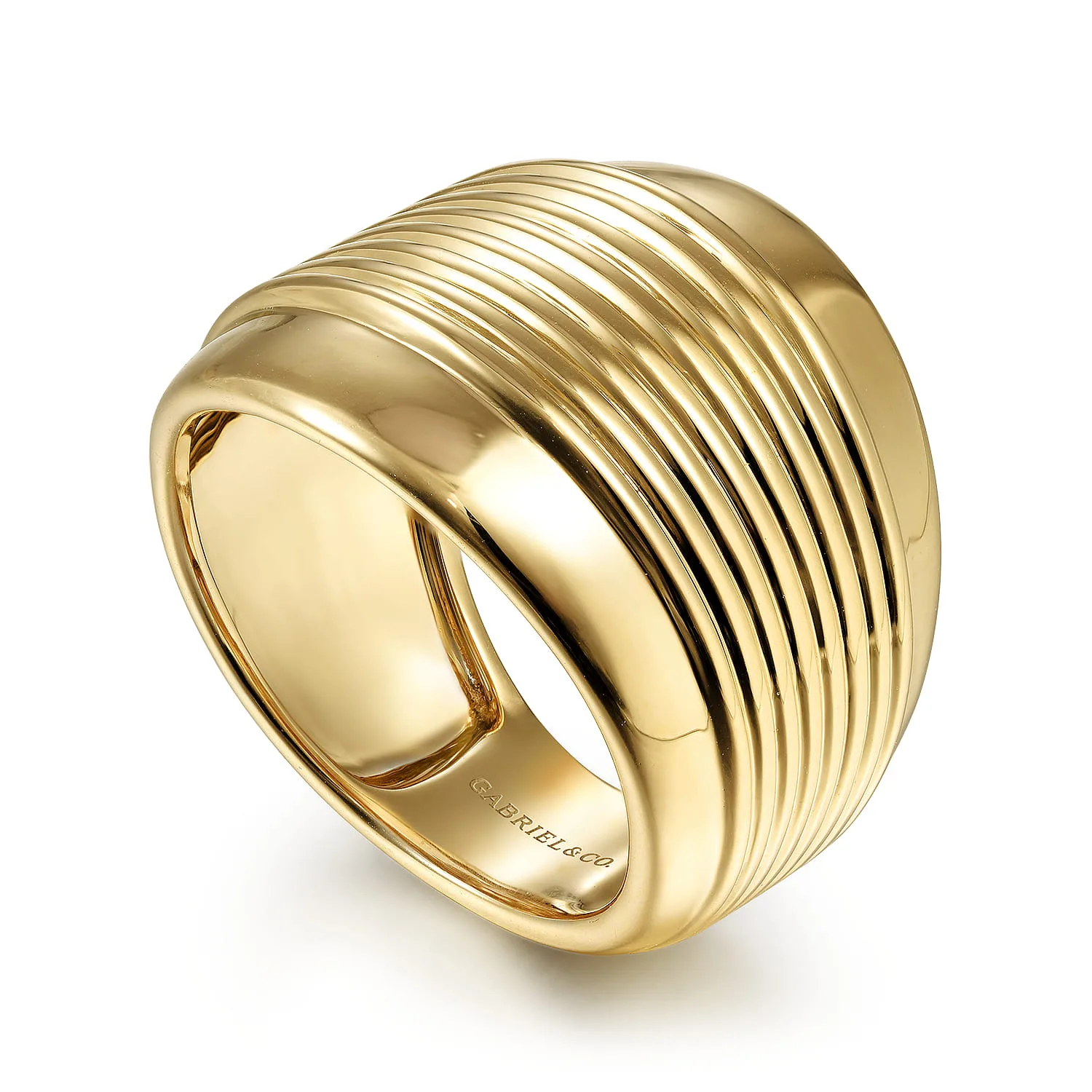 Wide Band Ring with Textured Center Rows in 14K Yellow Gold, photograph 3