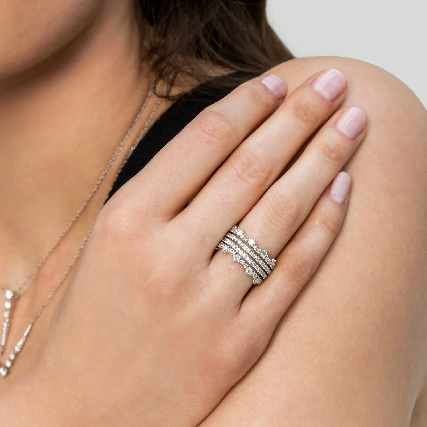 Wide Four Row Diamond Ring in 14K White Gold, photograph 6