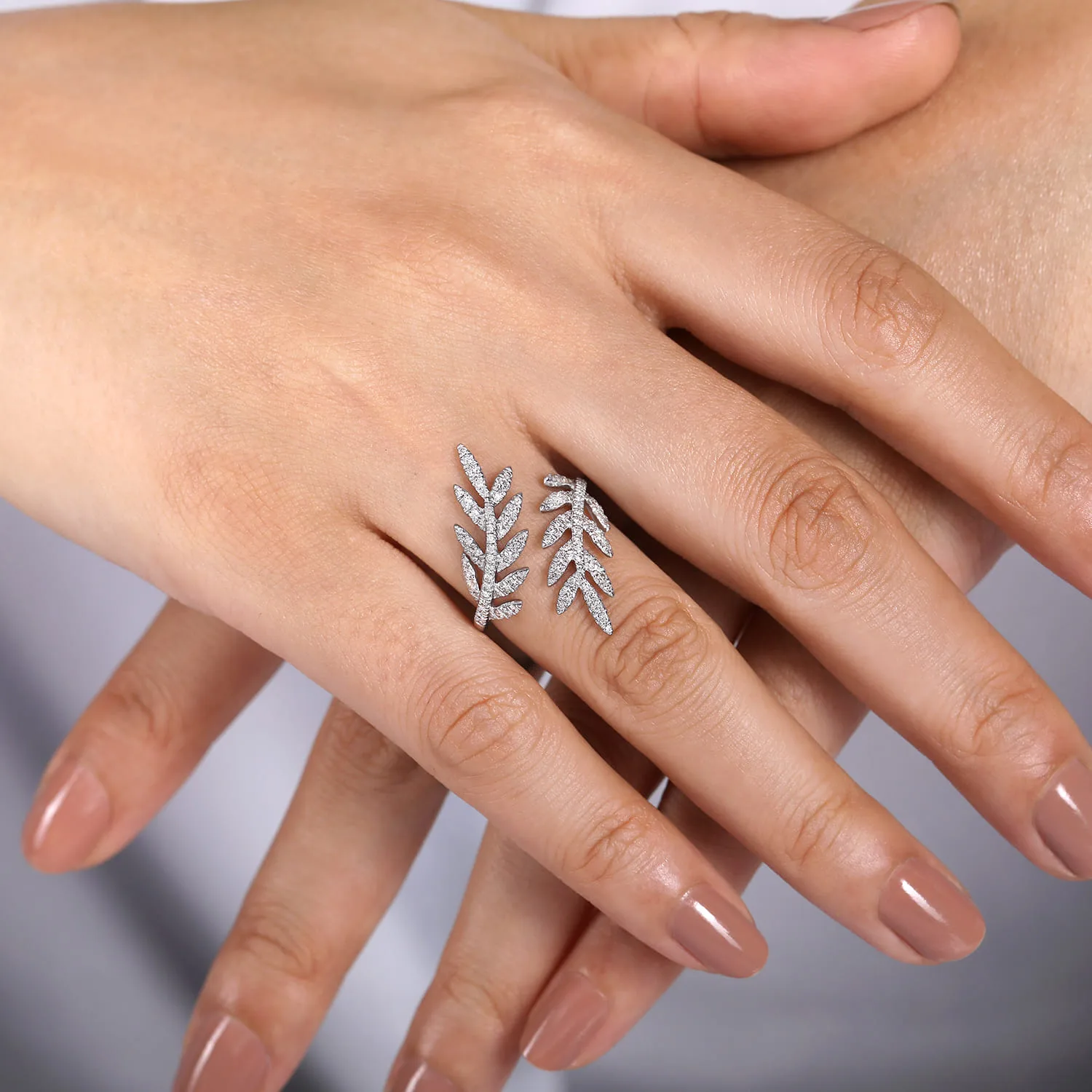 Diamond Bypass Leaf Ring in 14K White Gold, photograph 5
