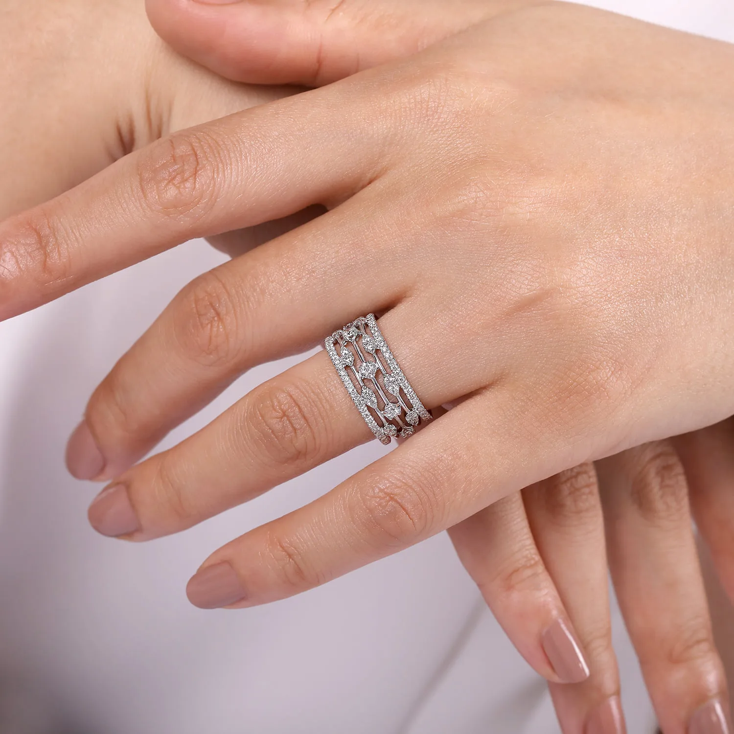 Wide Five Row Diamond Station Ring in 14K White Gold, photograph 5