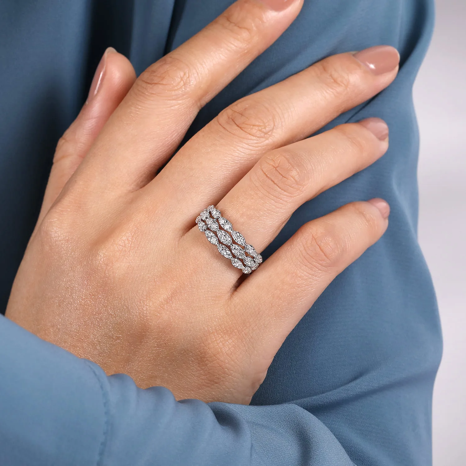 Three Row Cluster Diamond Station Ring in 14K White Gold, photograph 5