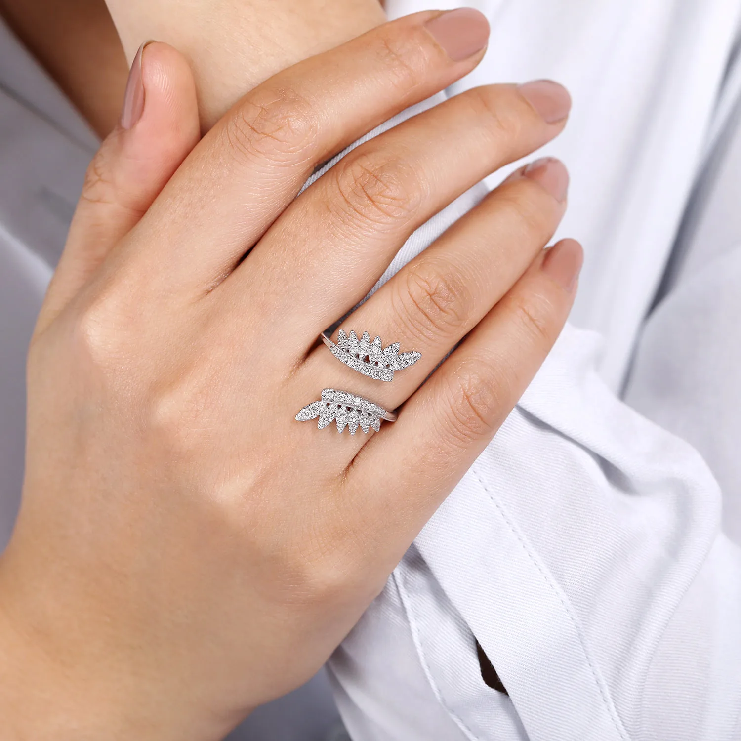 Diamond Leaf Bypass Ring in 14K White Gold, photograph 5